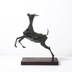 Mid-Century Brutalist Welded Bronze Sculpture of a Leaping Goat on Wood Base