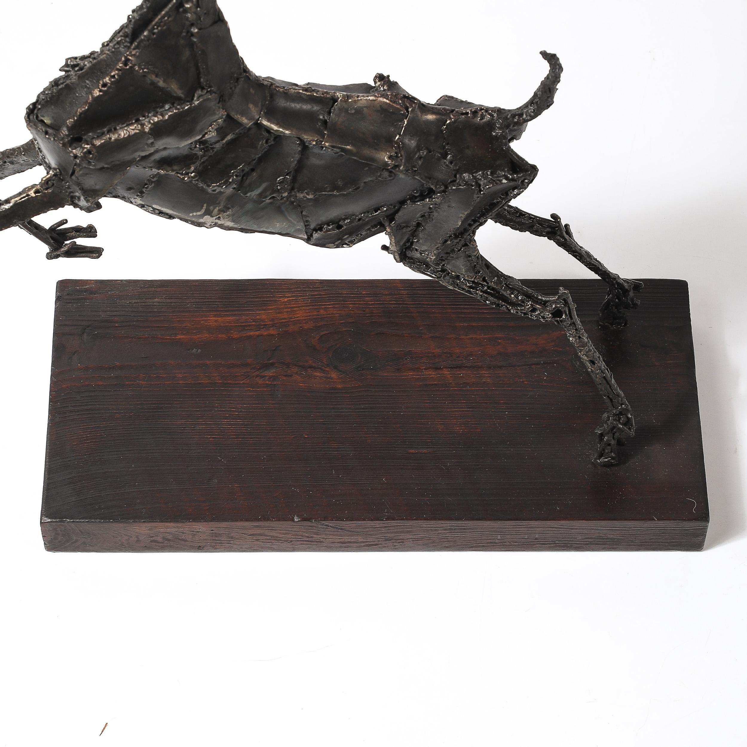 Mid-Century Brutalist Welded Bronze Sculpture of a Leaping Goat on Wood Base For Sale 14
