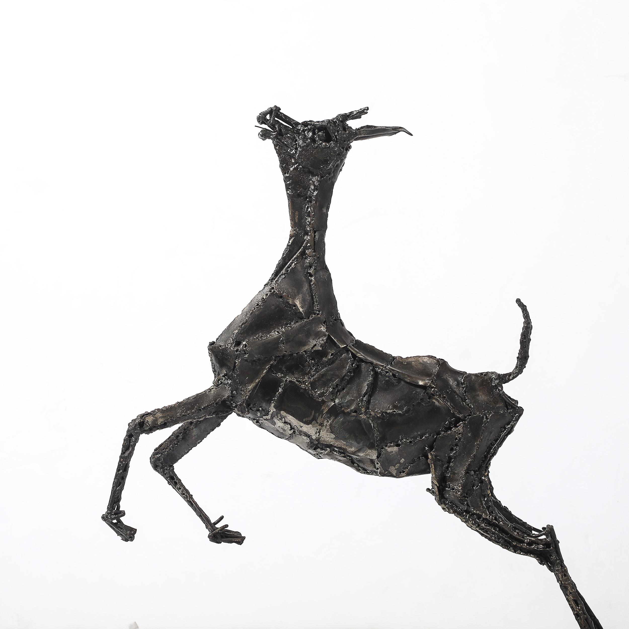 Mid-Century Modern Mid-Century Brutalist Welded Bronze Sculpture of a Leaping Goat on Wood Base For Sale