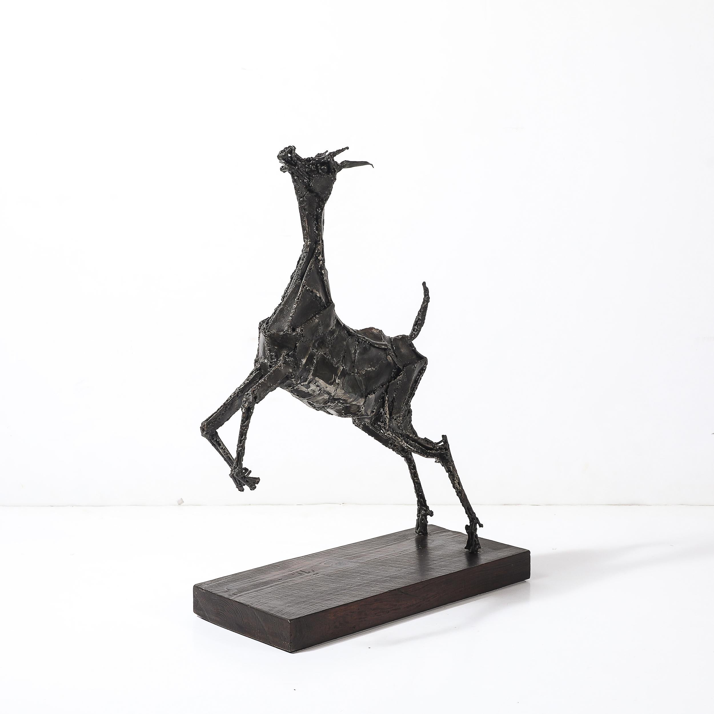 American Mid-Century Brutalist Welded Bronze Sculpture of a Leaping Goat on Wood Base For Sale