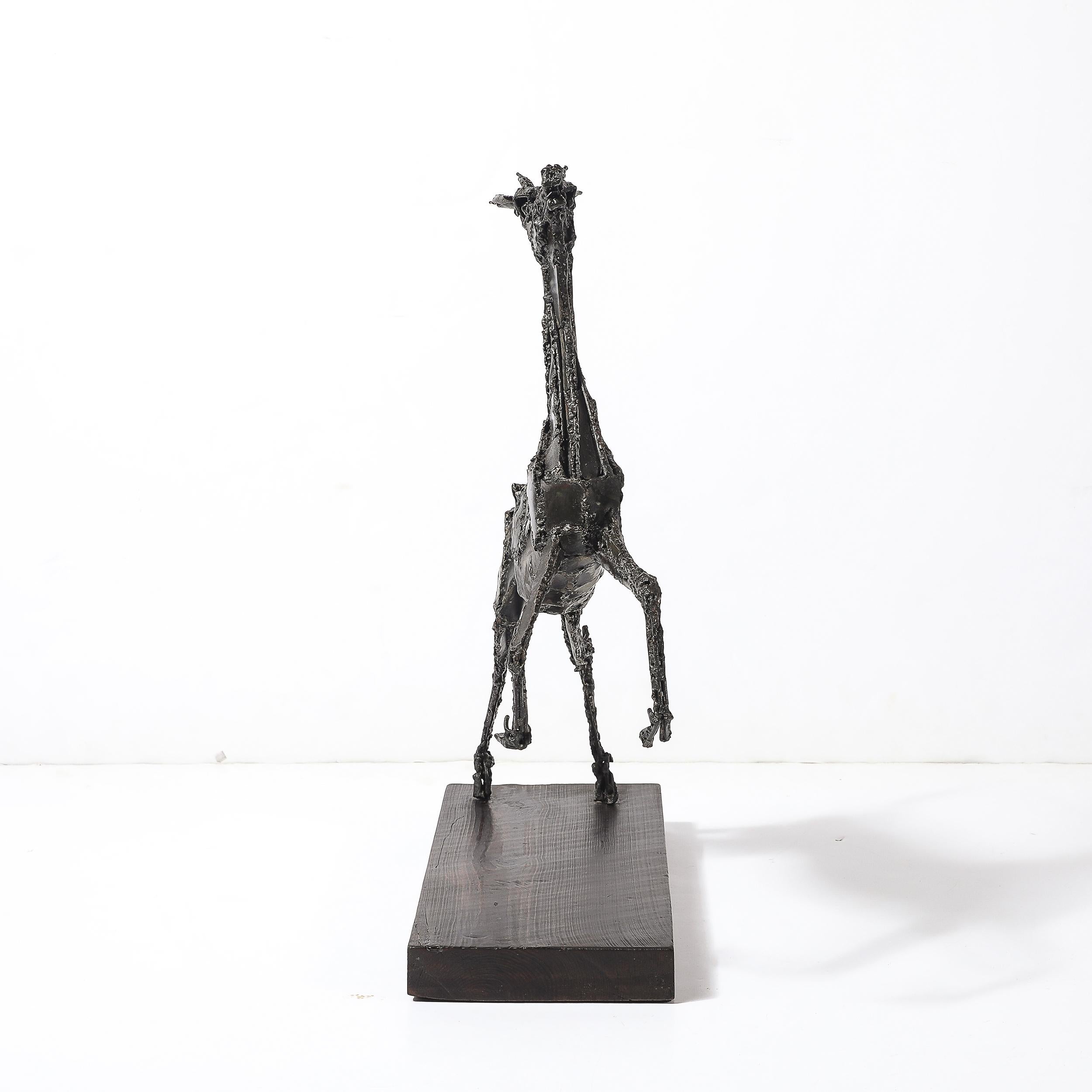 Mid-Century Brutalist Welded Bronze Sculpture of a Leaping Goat on Wood Base In Excellent Condition For Sale In New York, NY