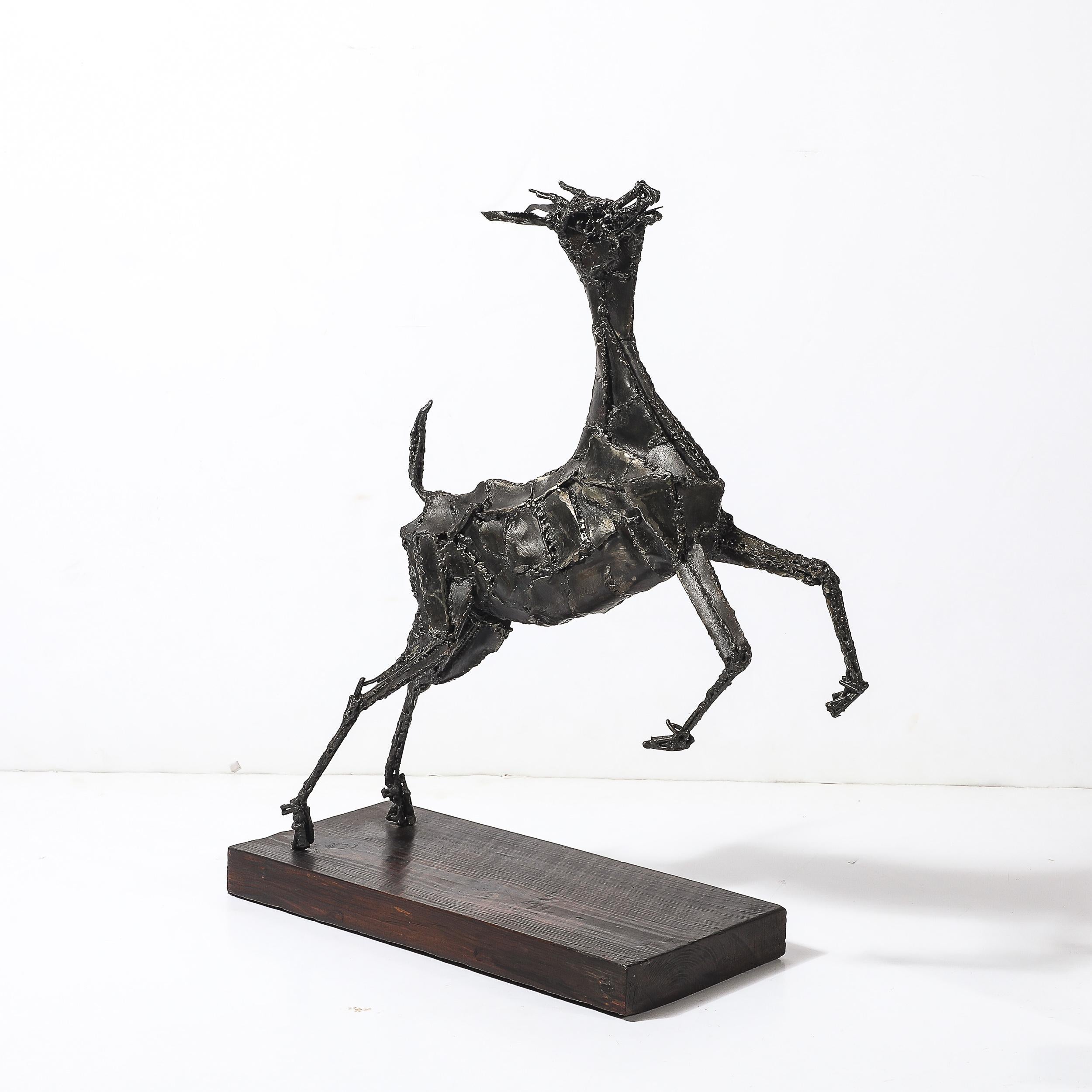 Late 20th Century Mid-Century Brutalist Welded Bronze Sculpture of a Leaping Goat on Wood Base For Sale
