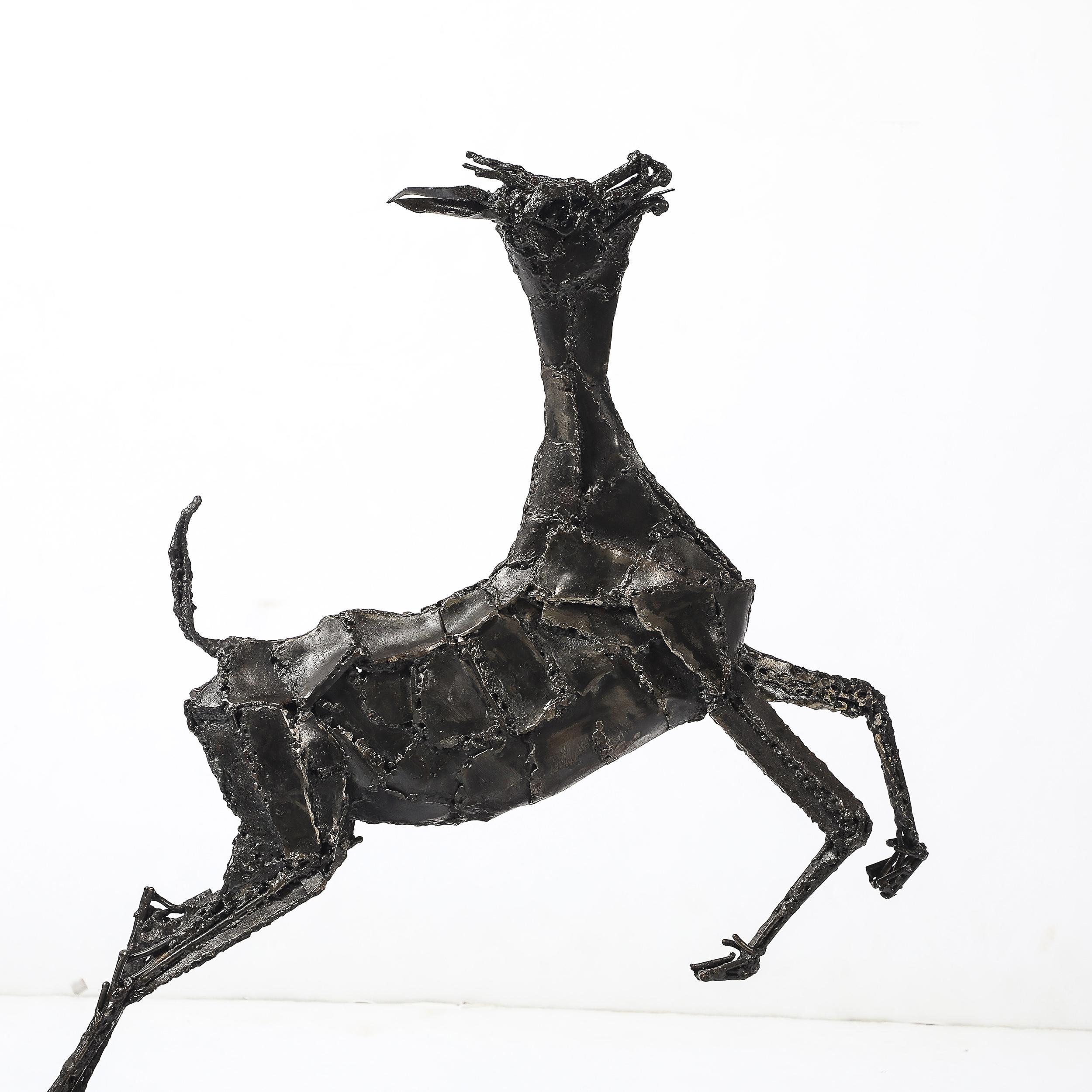 Mid-Century Brutalist Welded Bronze Sculpture of a Leaping Goat on Wood Base For Sale 1