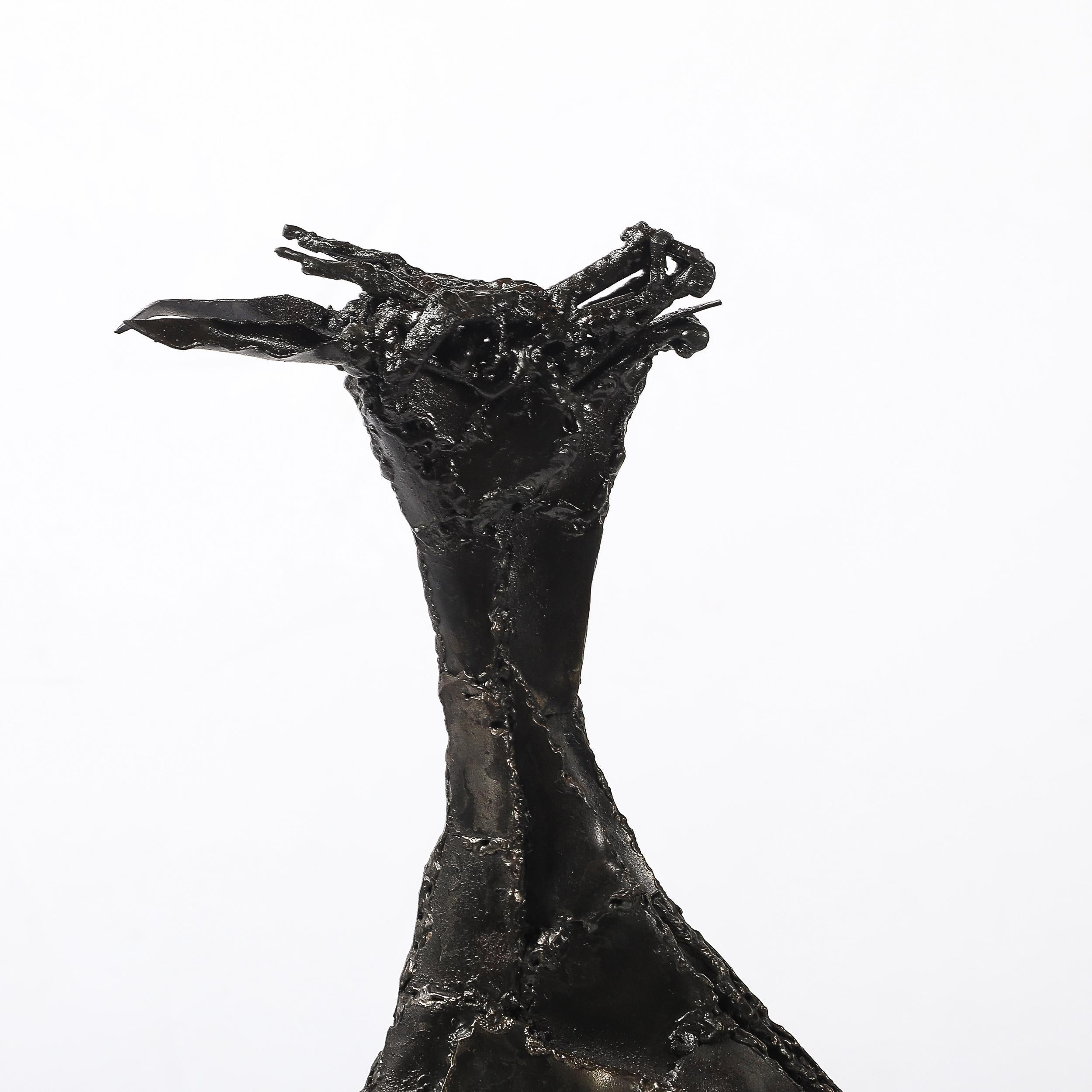 Mid-Century Brutalist Welded Bronze Sculpture of a Leaping Goat on Wood Base For Sale 2