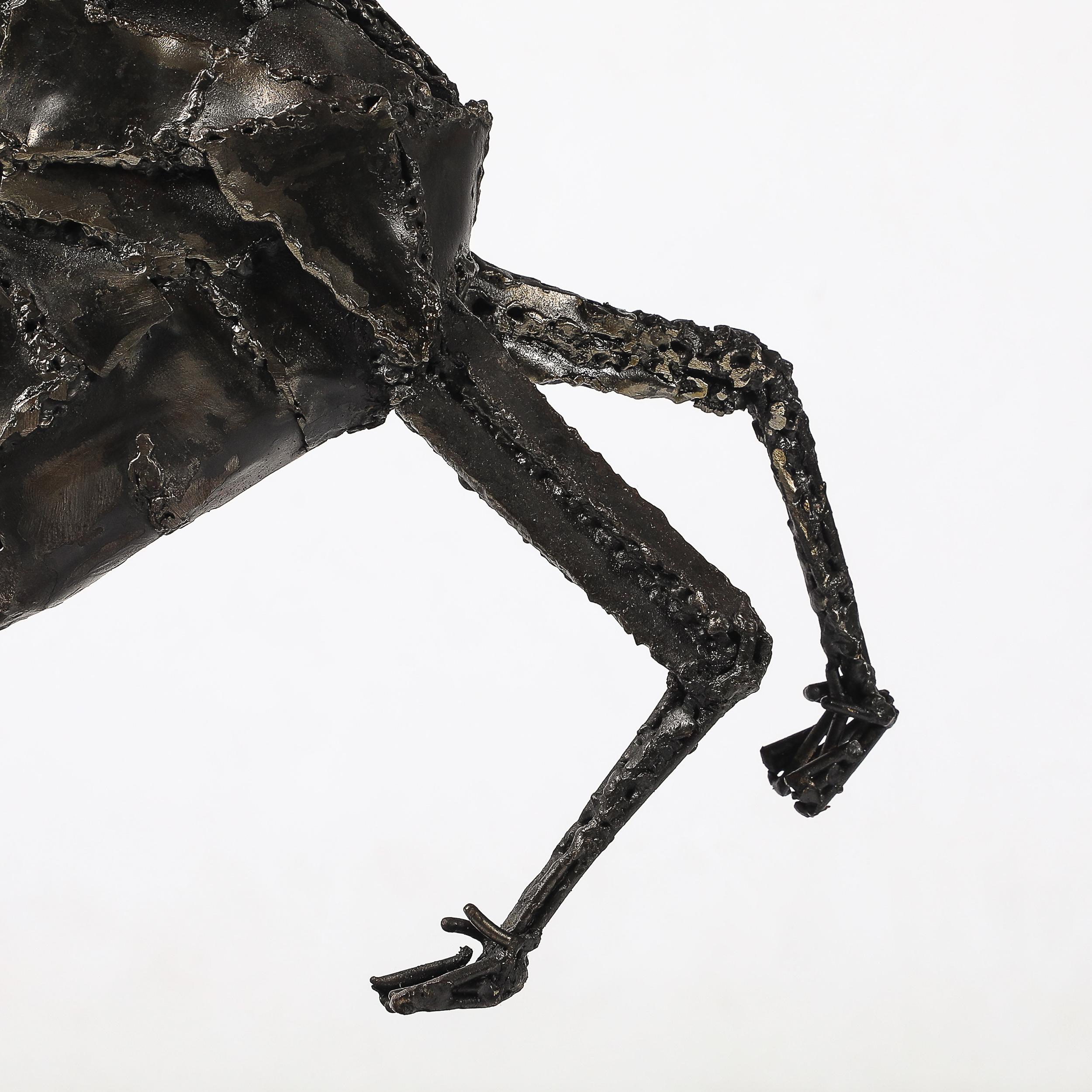 Mid-Century Brutalist Welded Bronze Sculpture of a Leaping Goat on Wood Base For Sale 3