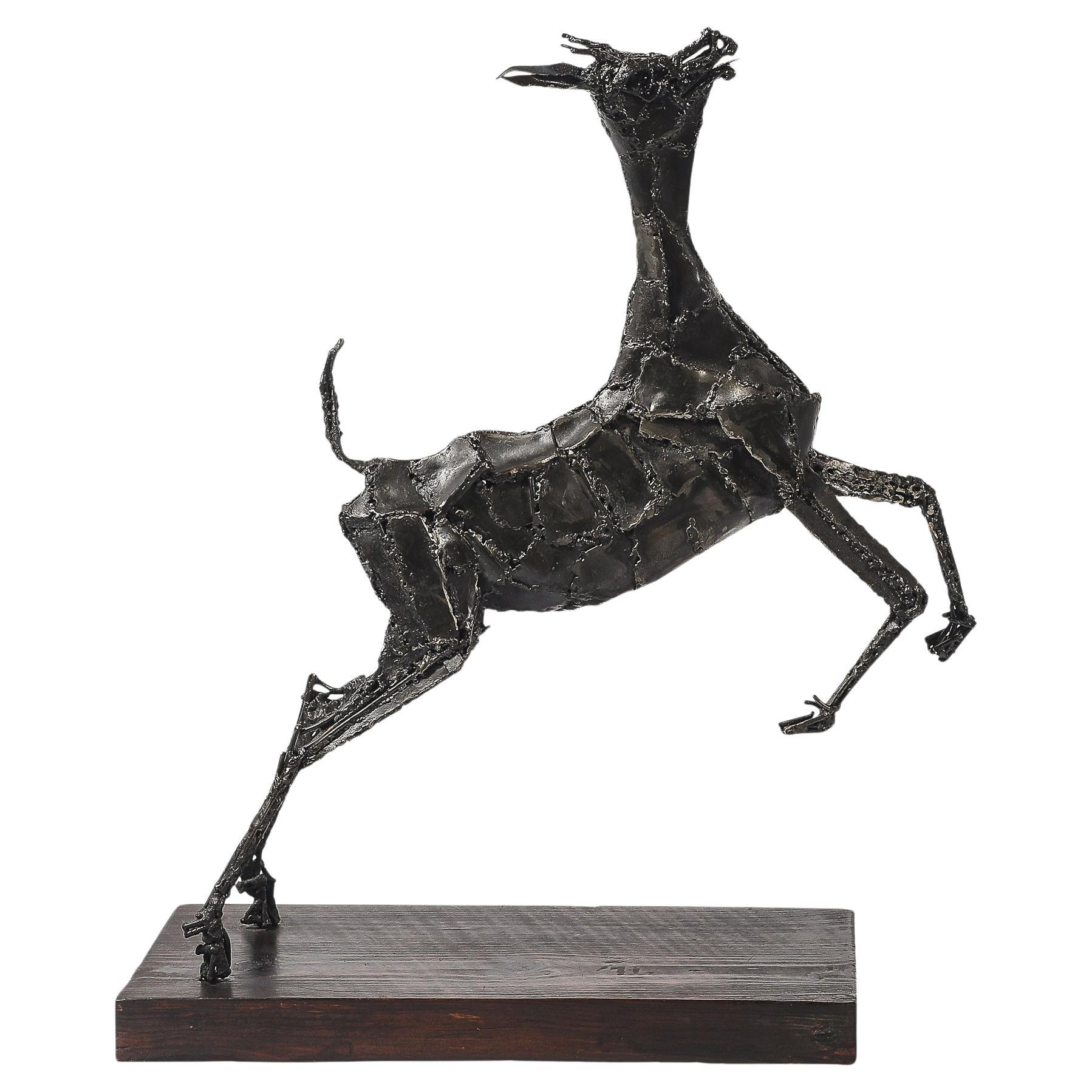 Mid-Century Brutalist Welded Bronze Sculpture of a Leaping Goat on Wood Base For Sale
