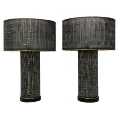 Mid-Century Brutalist Welded Steel, Brass and Glass Table Lamps, a Pair
