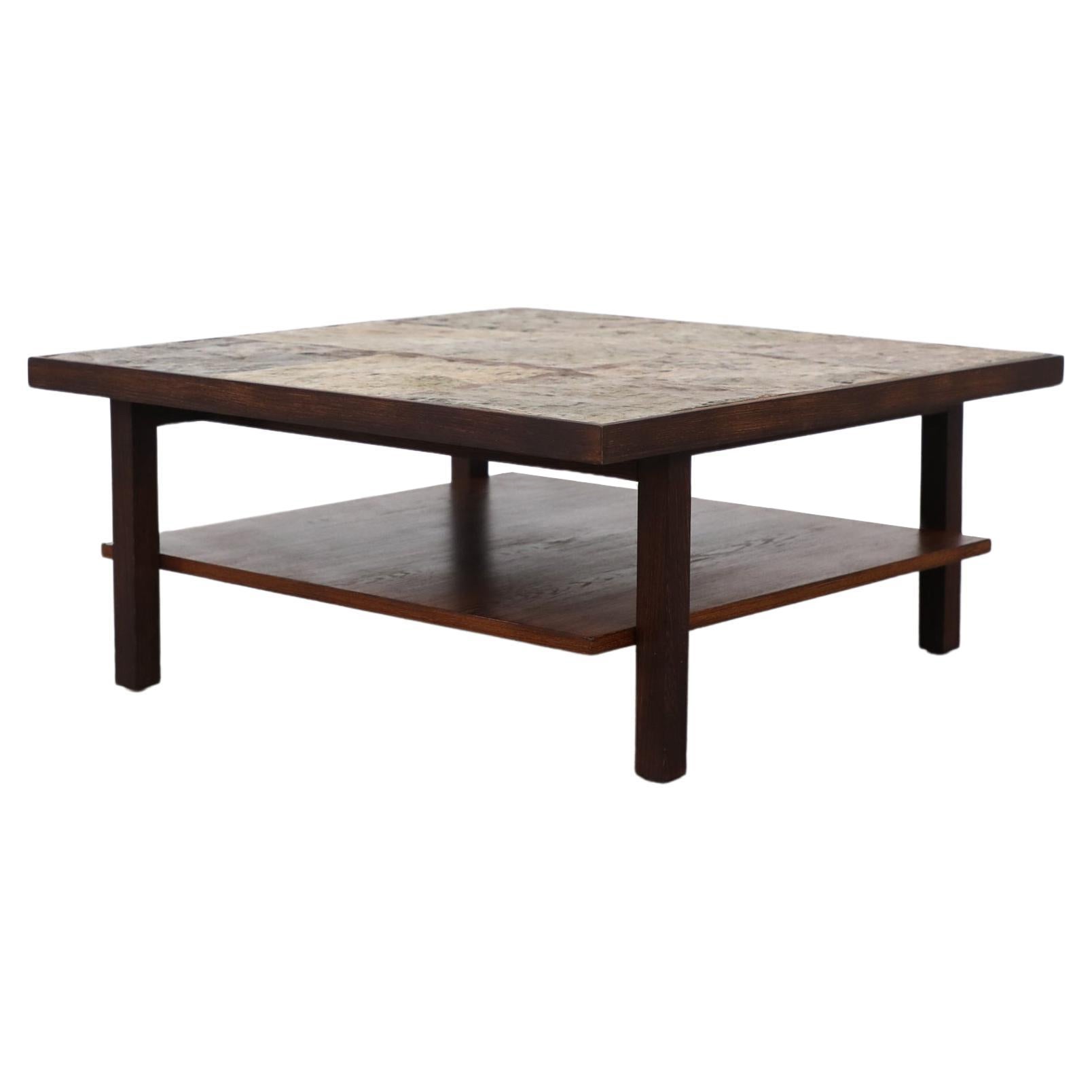 Mid-Century Brutalist Wenge Framed Stone Topped Coffee or Side Table with Shelf For Sale