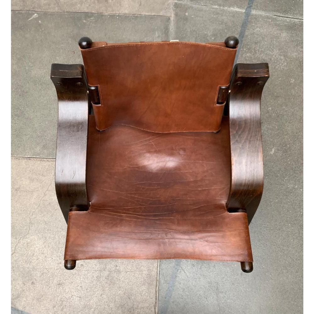 Mid-Century Brutalist Wood and Leather Safari Armchair, 1960s In Excellent Condition For Sale In Hamburg, DE