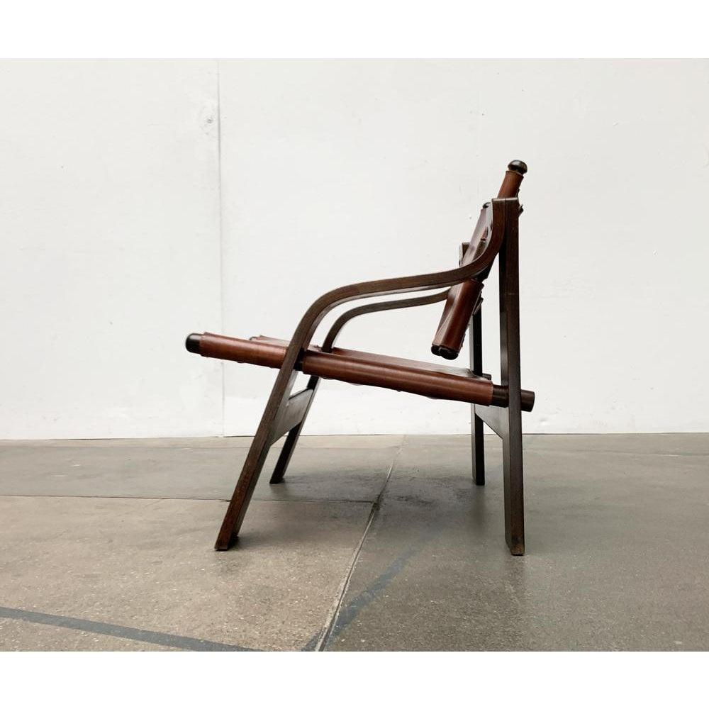 20th Century Mid-Century Brutalist Wood and Leather Safari Armchair, 1960s For Sale