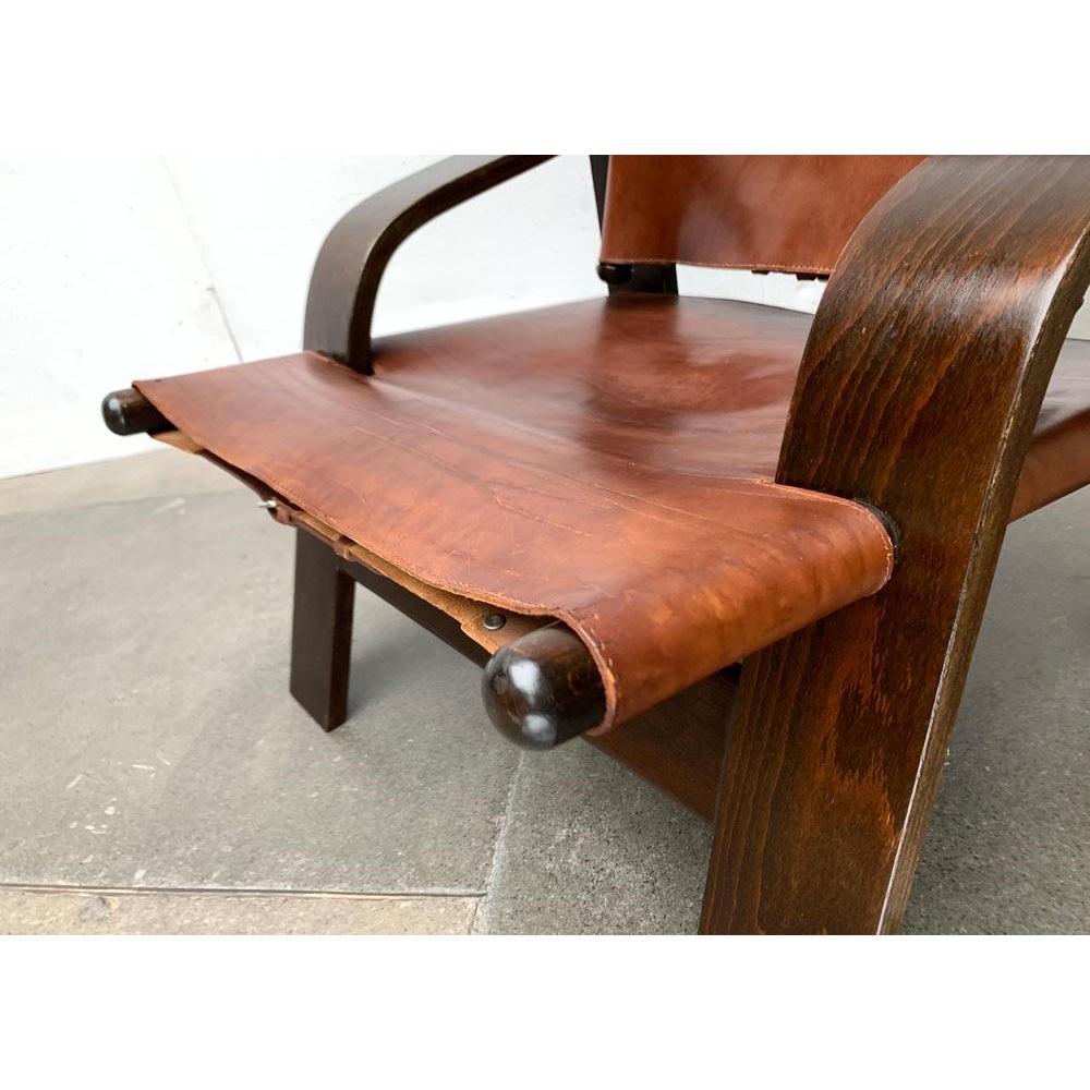 Mid-Century Brutalist Wood and Leather Safari Armchair, 1960s For Sale 1