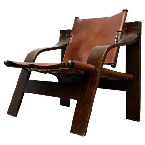 Mid-Century Brutalist Wood and Leather Safari Armchair, 1960s For Sale