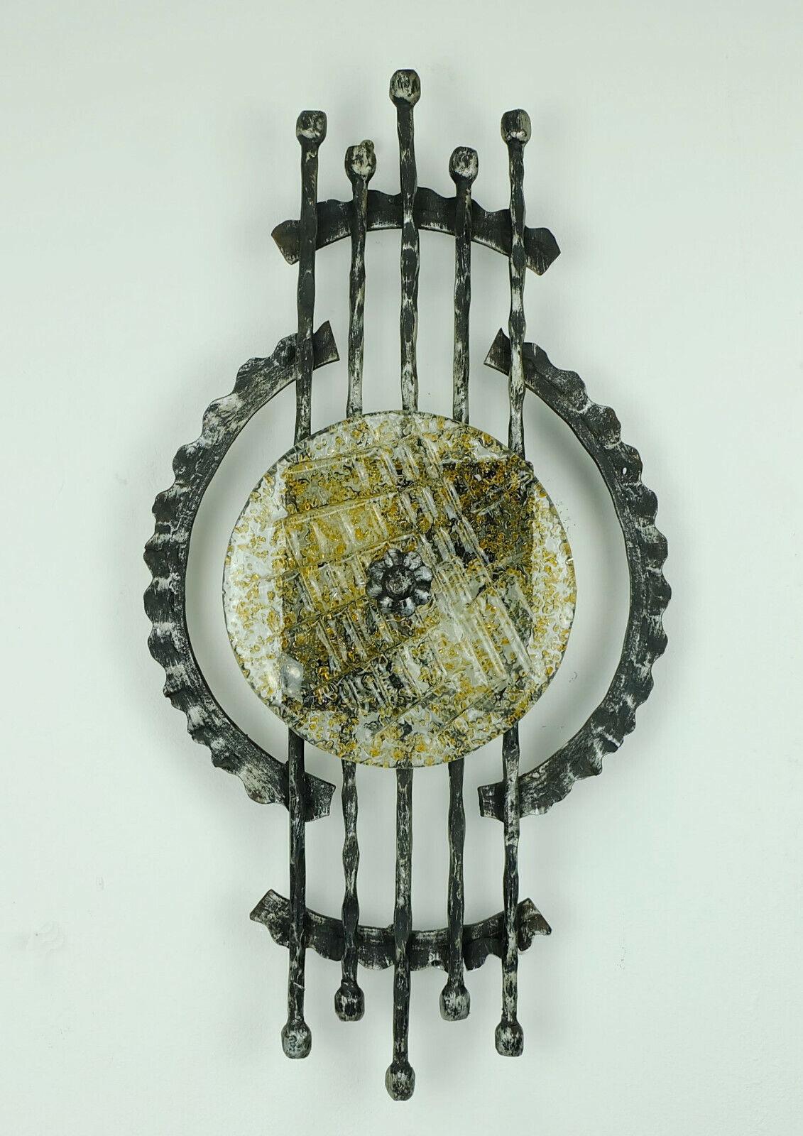 Midcentury Brutalist Wrought Iron and Glass Wall Lamp Sconce For Sale 5