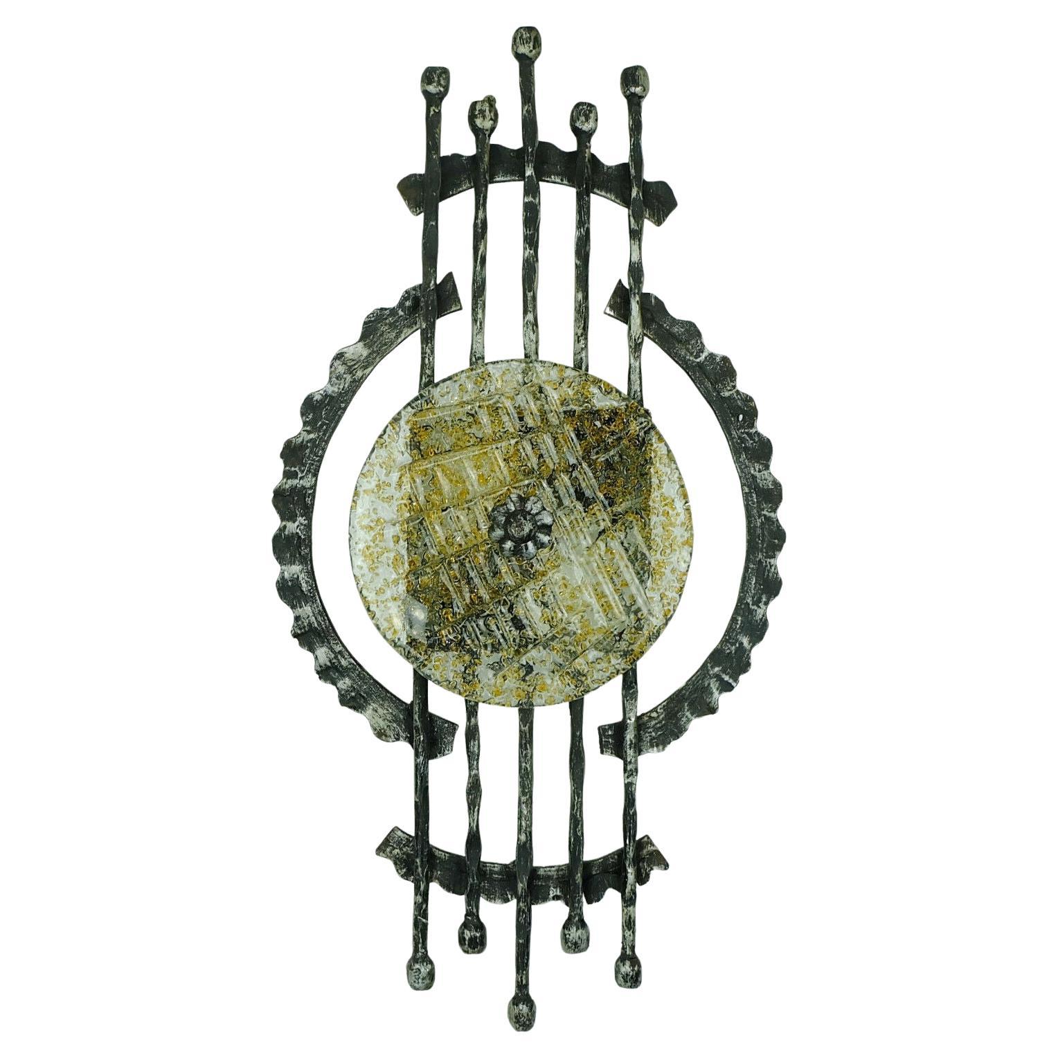 Midcentury Brutalist Wrought Iron and Glass Wall Lamp Sconce For Sale