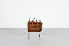 Mid-Century Brutalist Wrought Iron and Suede Leather Log Holder