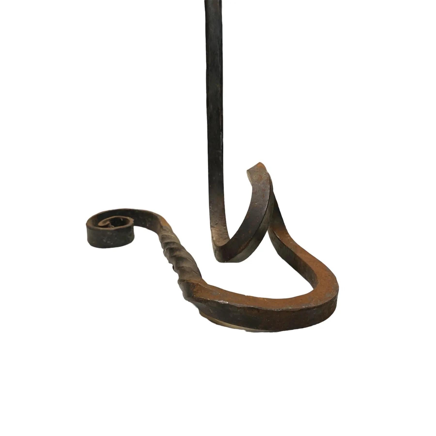 Mid Century Brutalist Wrought Iron Spiral Floor Candle Stick Stand In Good Condition For Sale In Pasadena, CA