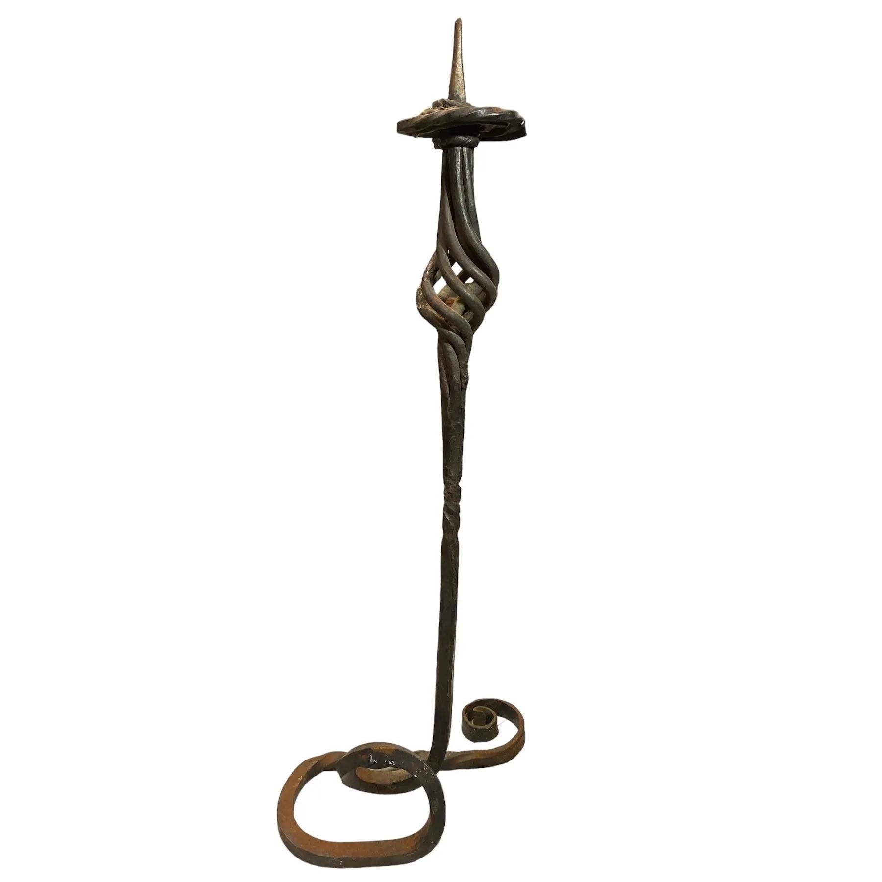 18th Century Mid Century Brutalist Wrought Iron Spiral Floor Candle Stick Stand For Sale