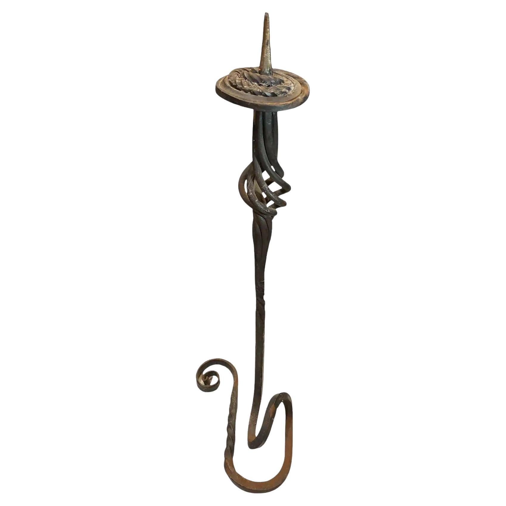 Mid Century Brutalist Wrought Iron Spiral Floor Candle Stick Stand For Sale