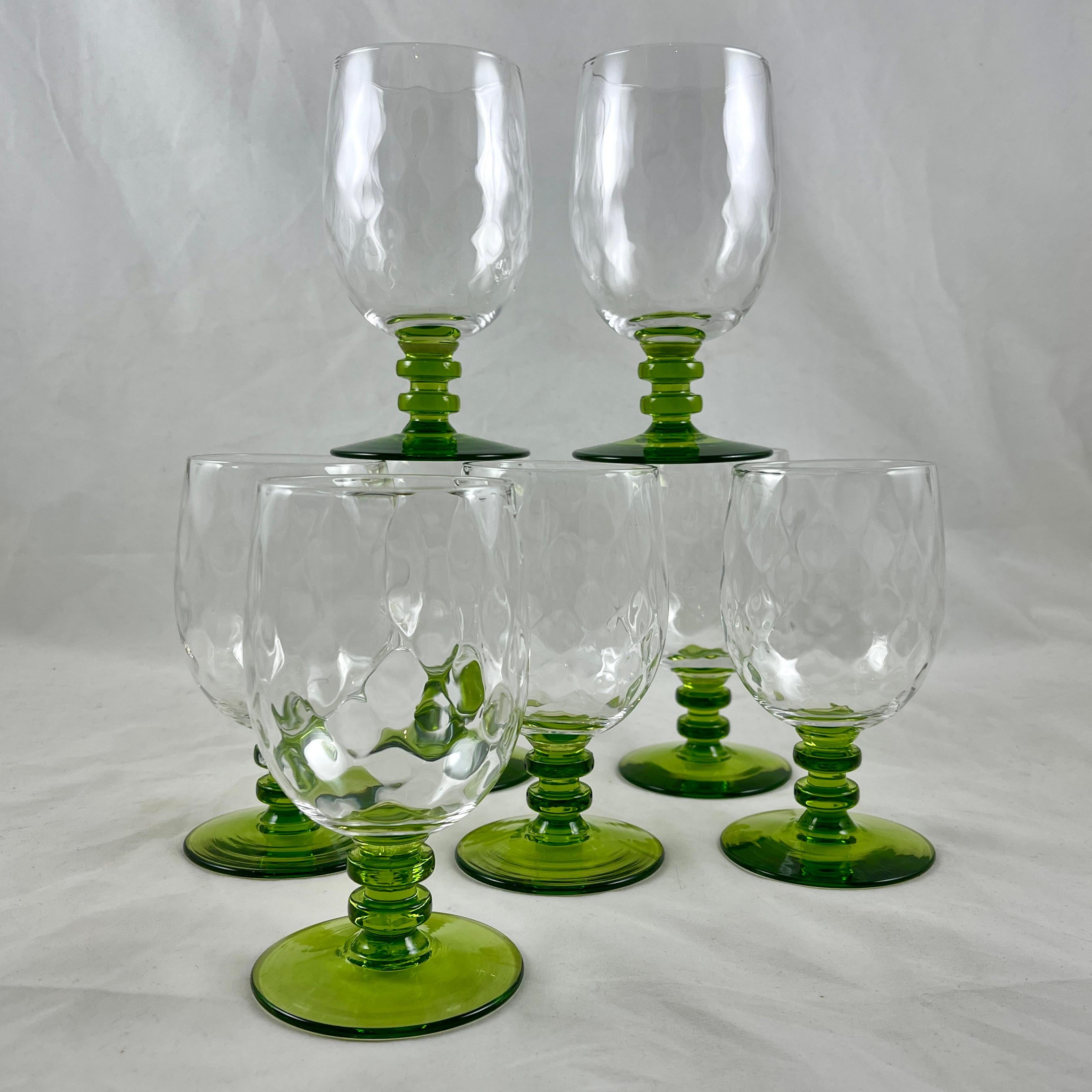 Mid-Century Bryce Diamond Optic Green Stem Blown Crystal Tall Goblets, S/8 3