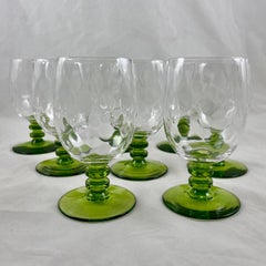 Mid-Century Bryce Diamond Optic Green Stem Blown Crystal Tall Goblets, S/8