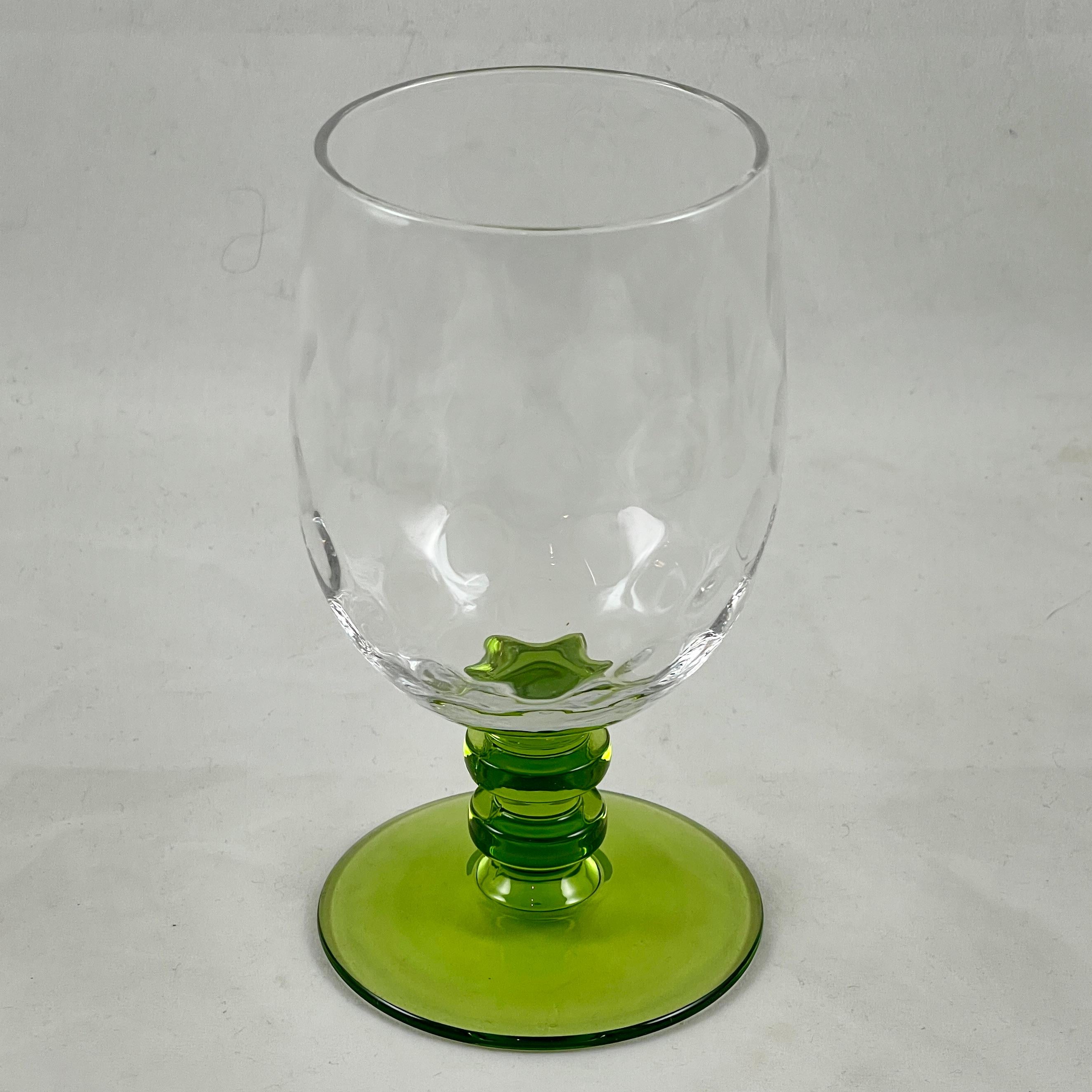 American Mid-Century Bryce Diamond Optic Green Stem Blown Crystal Tall Goblets, S/8