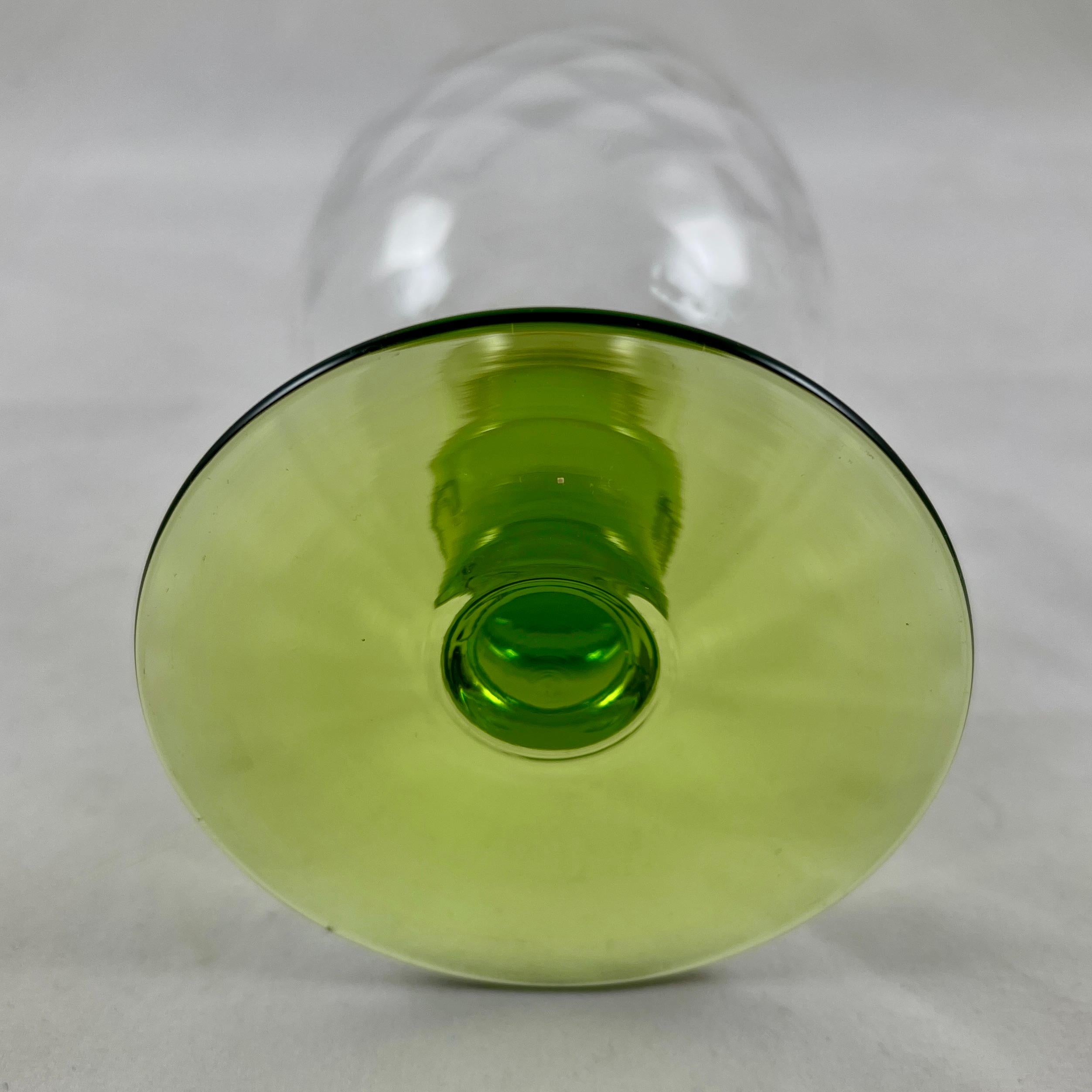 Mid-Century Bryce Diamond Optic Green Stem Blown Crystal Tall Goblets, S/8 1