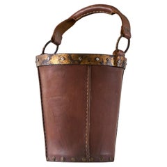 Mid Century Bucket or Basket in Leather and Metal