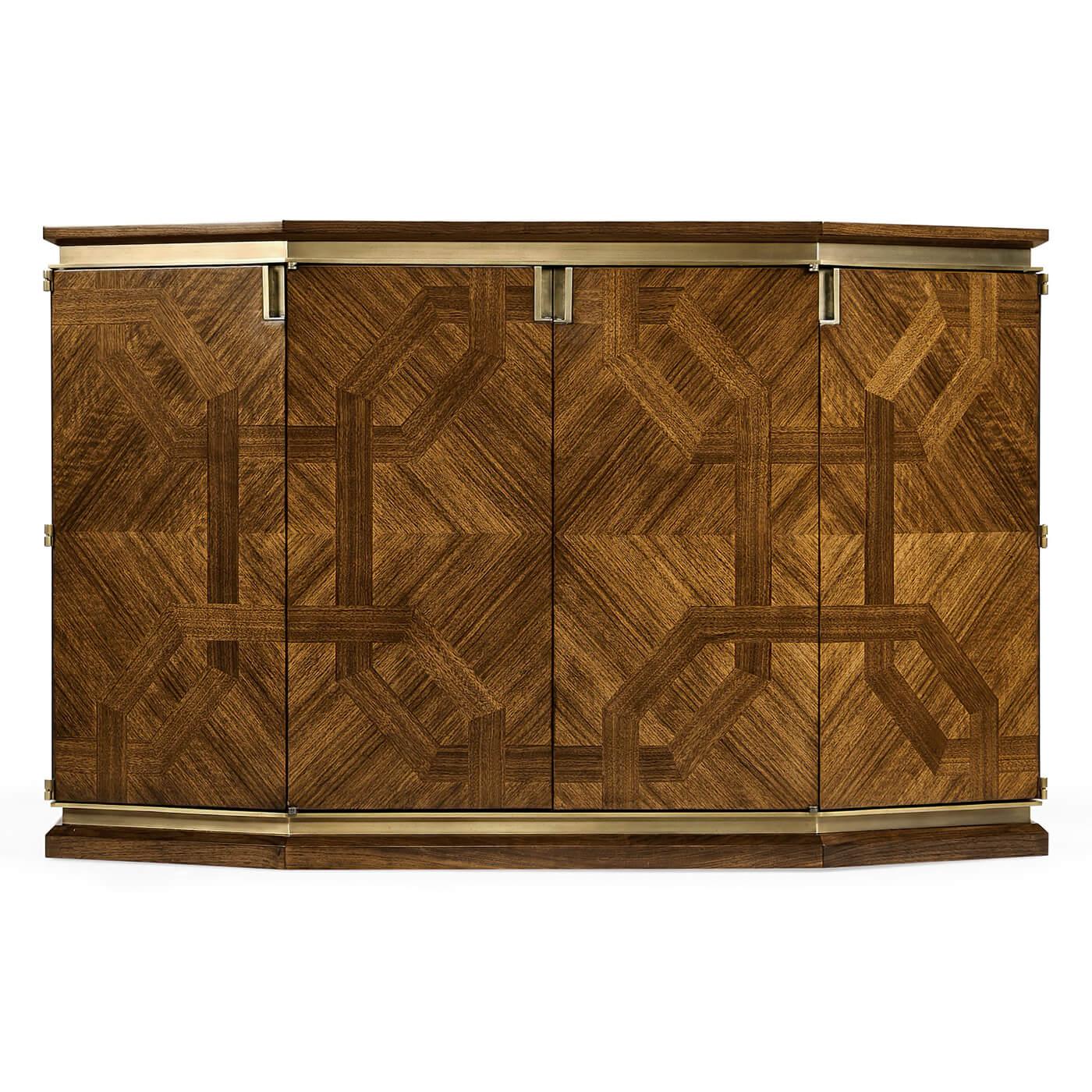 A mid century style buffet with an unlaid parquetry design. The sideboard cabinet is constricted of American walnut solids and veneers finished in a transparent lacquer. The hardware is cast from brass, acid dipped and hand-rubbed to achieve a rich,