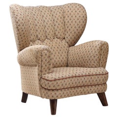 Mid-Century Bulky Lounge Chair in Beige Patterned Upholstery