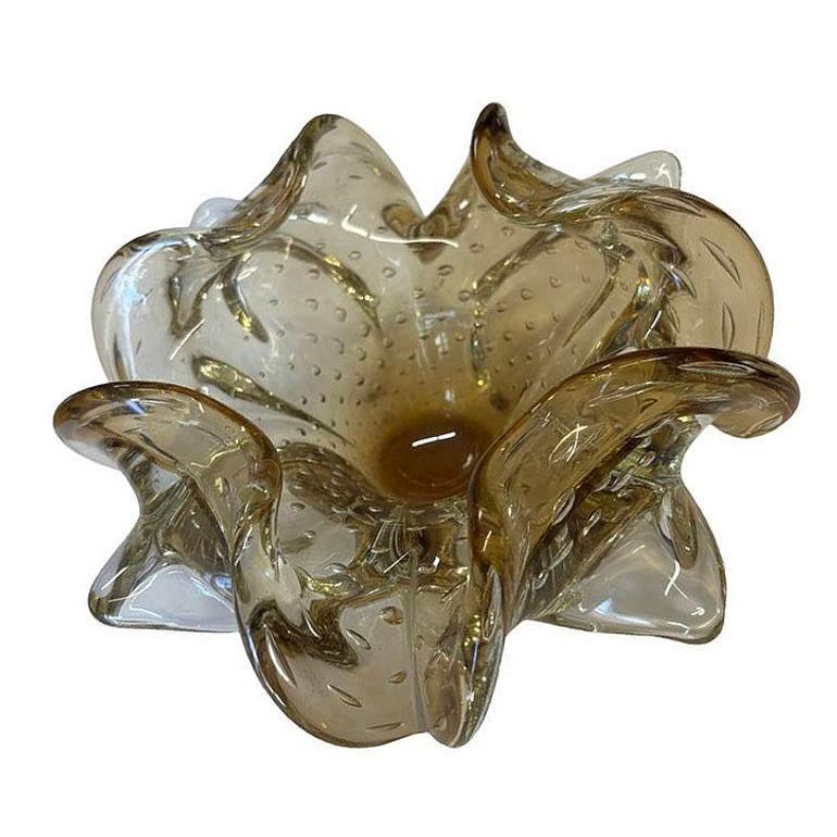 Cenicero de cristal artístico de Murano Bullicante Ámbar Dorado de mediados de siglo Moderno de mediados de siglo en venta