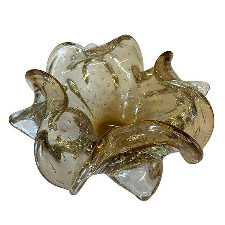Cenicero de cristal artístico de Murano Bullicante Ámbar Dorado de mediados de siglo Estadounidense en venta