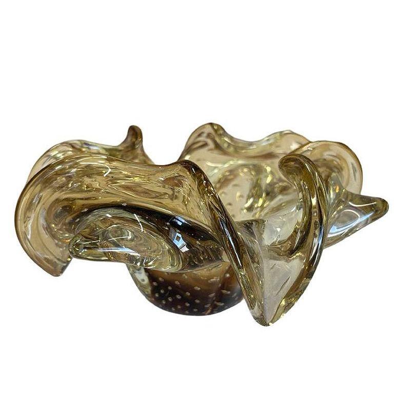 Cenicero de cristal artístico de Murano Bullicante Ámbar Dorado de mediados de siglo en Excelente estado para la venta en Van Nuys, CA