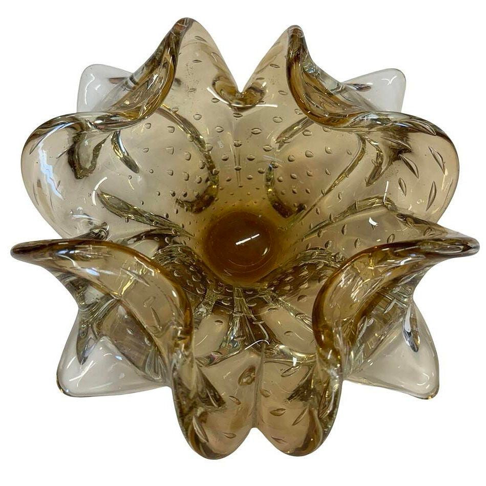 Cenicero de cristal artístico de Murano Bullicante Ámbar Dorado de mediados de siglo en venta