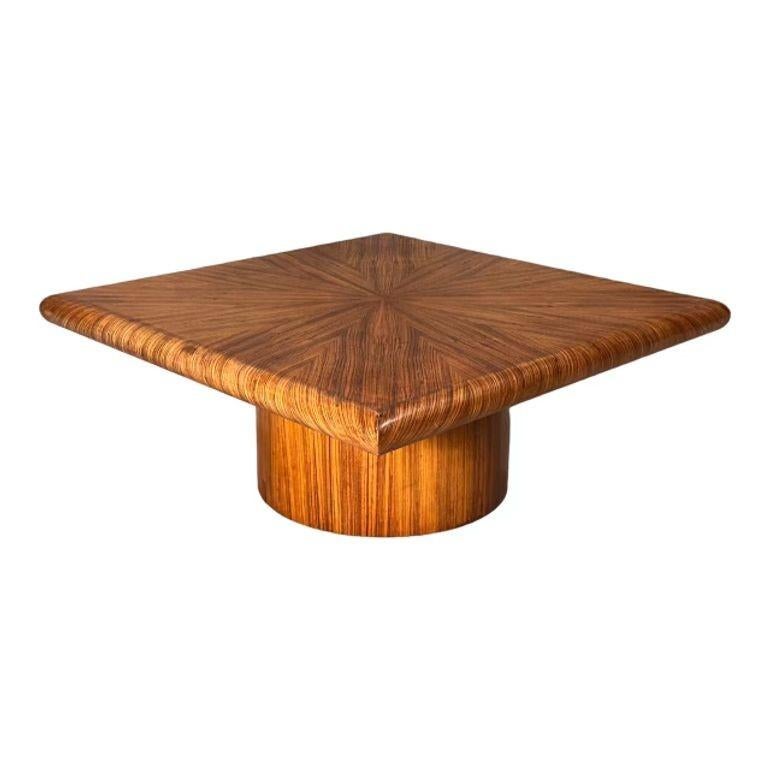 Mid Century Bullnose Edge Tiger Wood Coffee Table, 1970. Table has been completely restored and is absolutely beautiful.
Measures 40