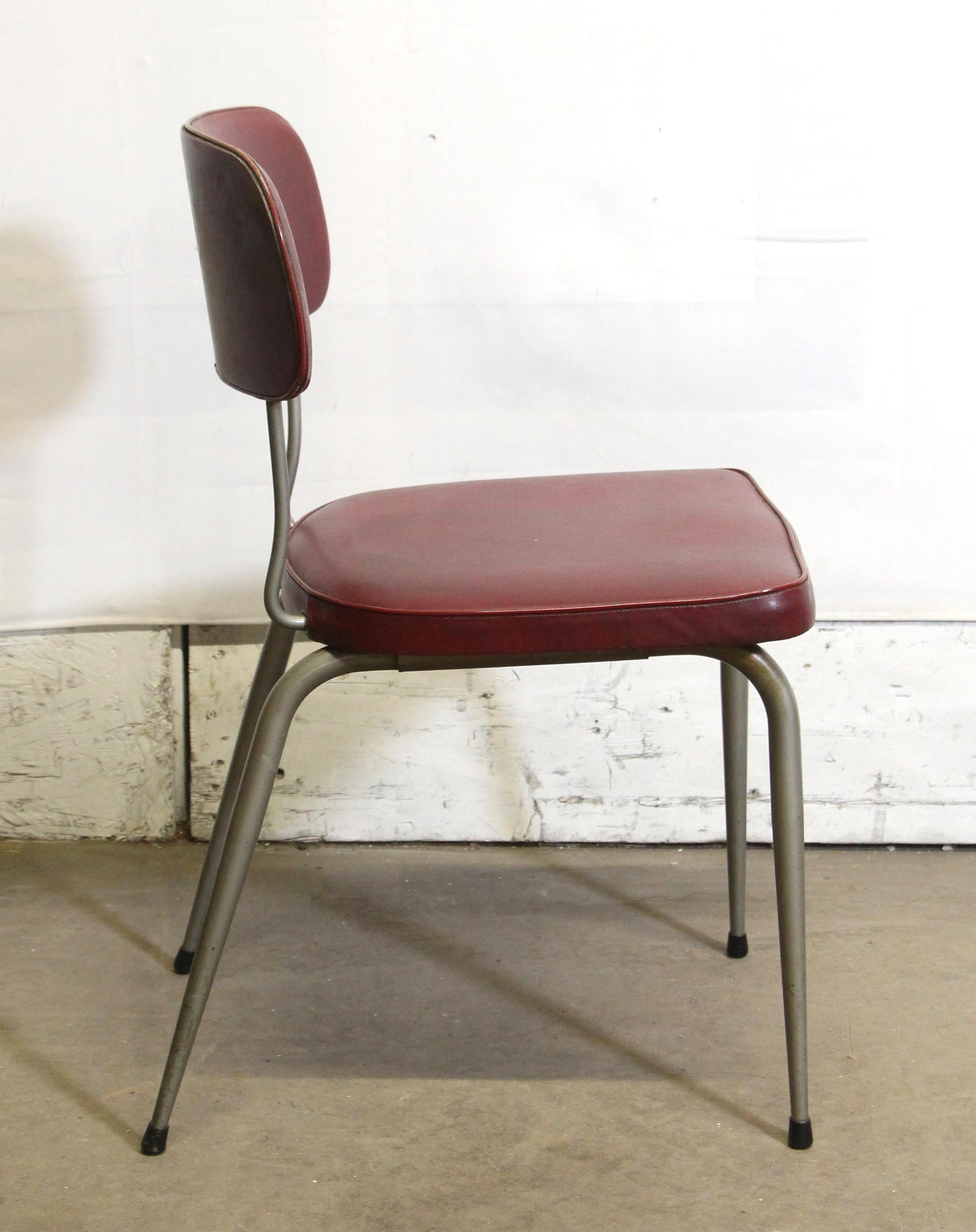 Mid-Century Burgundy Vinyl Strafor Chairs w/ Metal Legs, Signed Acior Trooz In Good Condition In New York, NY