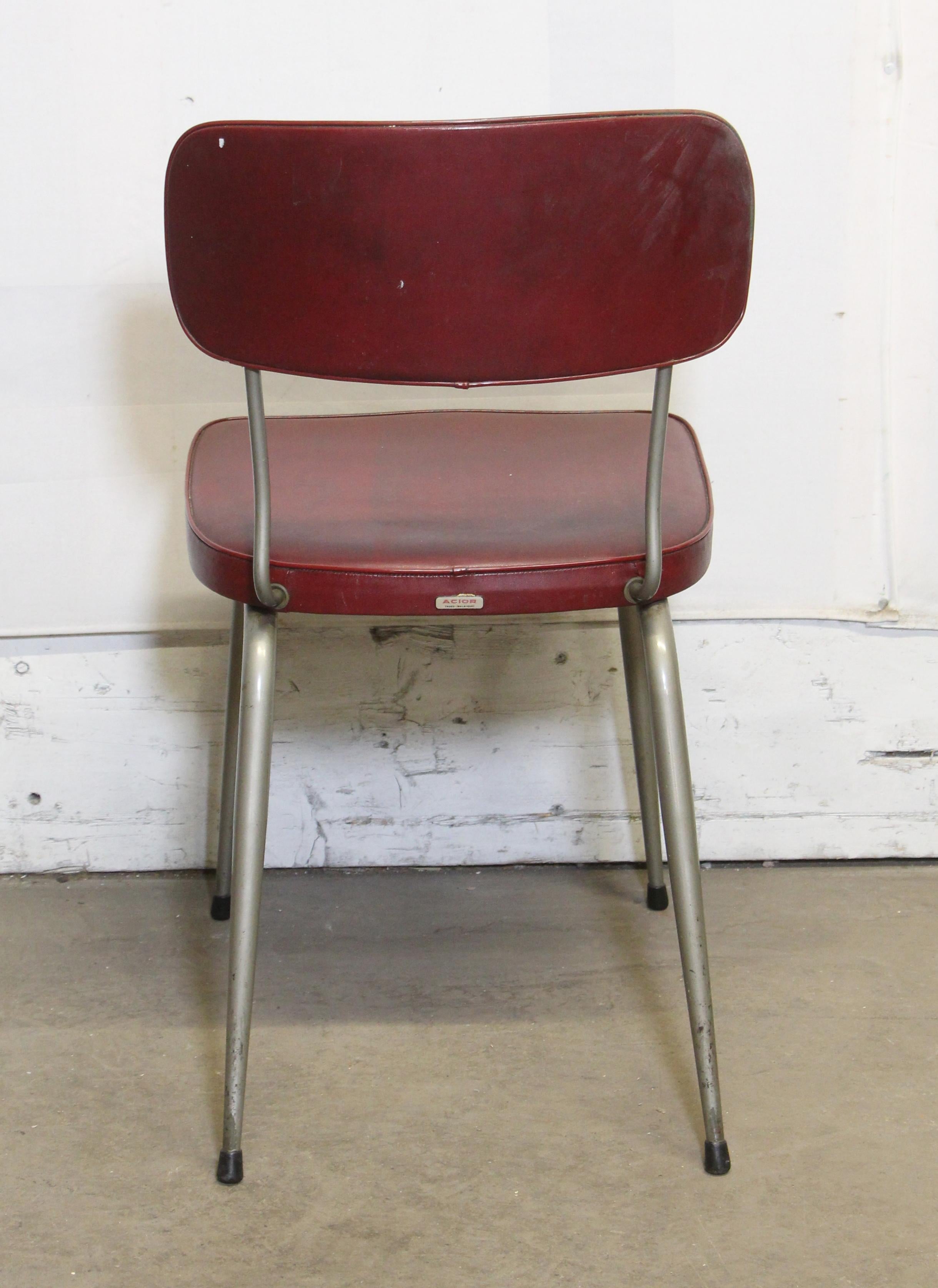 Mid-20th Century Mid-Century Burgundy Vinyl Strafor Chairs w/ Metal Legs, Signed Acior Trooz