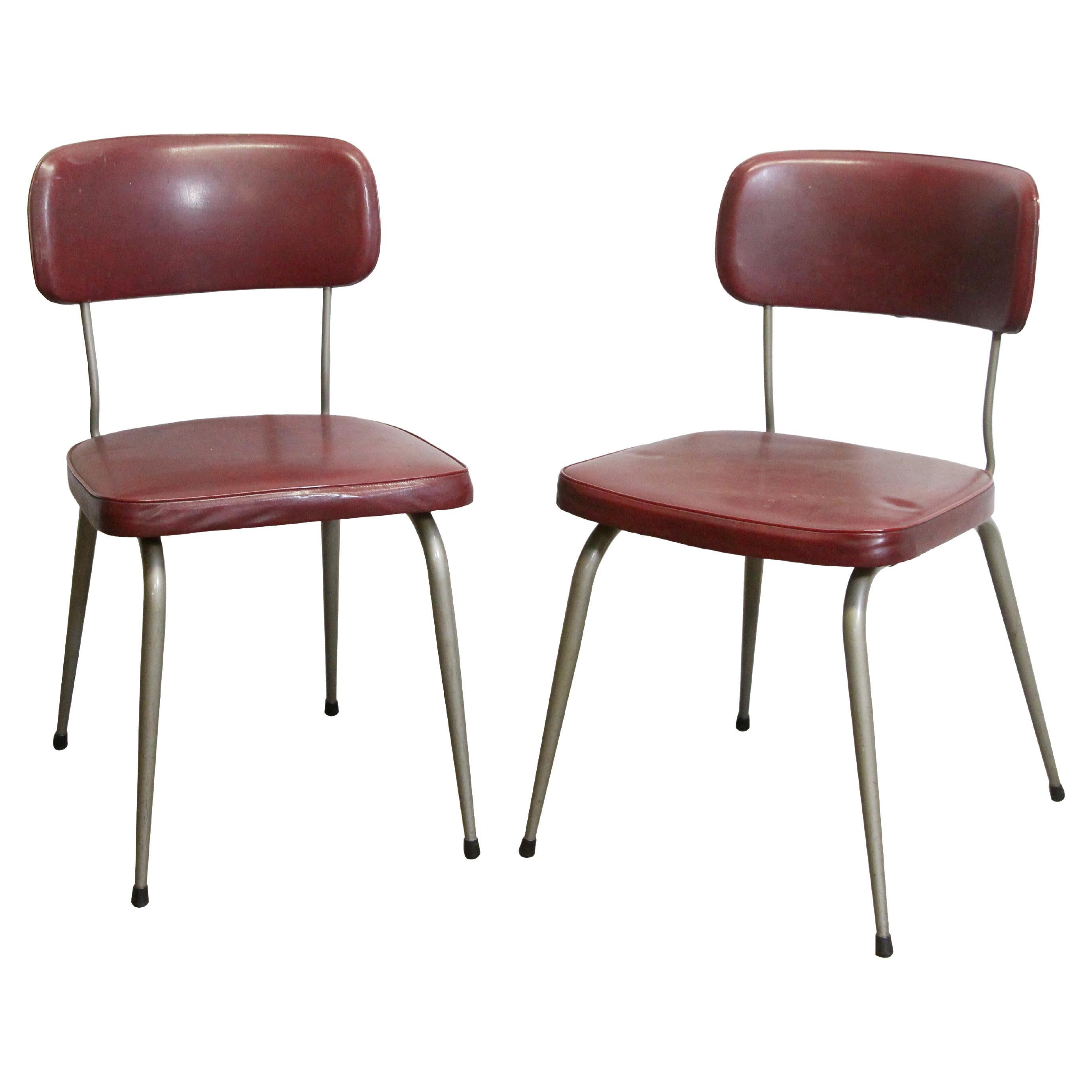 Mid-Century Burgundy Vinyl Strafor Chairs w/ Metal Legs, Signed Acior Trooz