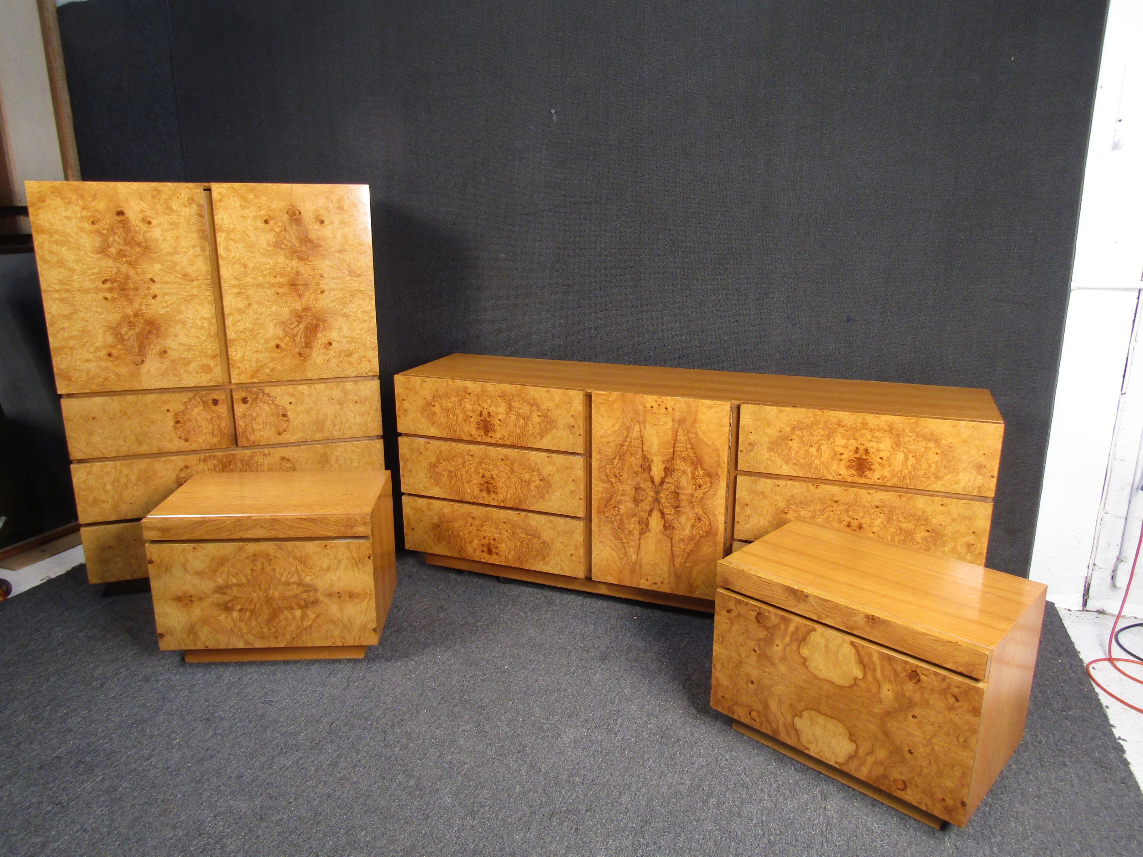 Stunning Milo Baughman style burl-wood bedroom set. Complete with two nightstands, dresser, and armoire. Gorgeous burl patterns throughout. 
(Please confirm item location - NY or NJ - with dealer).

 