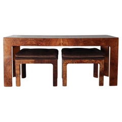 Mid Century Burl Console Table & Ottomans by Milo Baughman