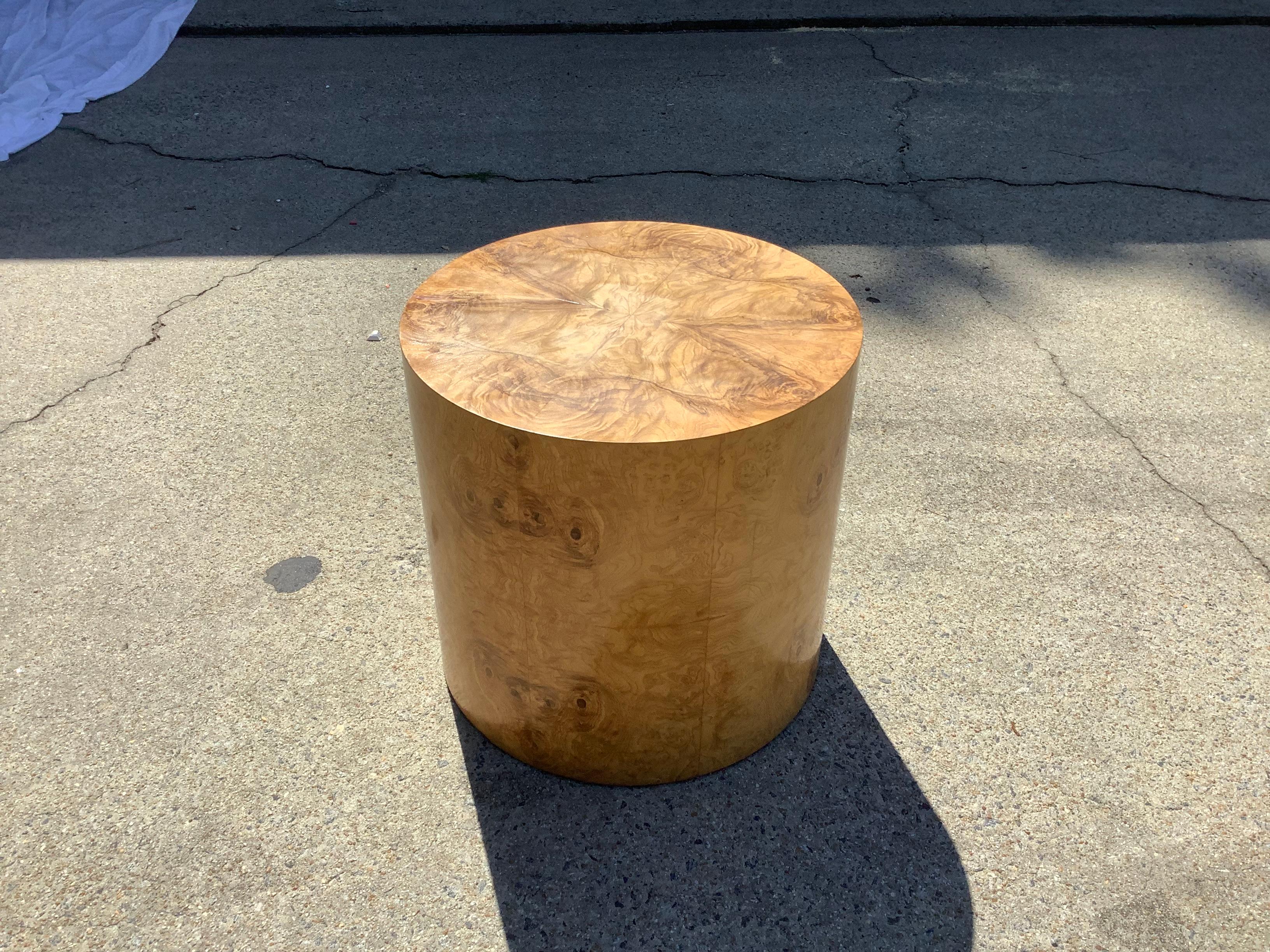 Classic, burl cylinder table, attr. to Milo Baughman. Dating from the 70s, with a new glass top added, for protection. Functional, and stylish!.