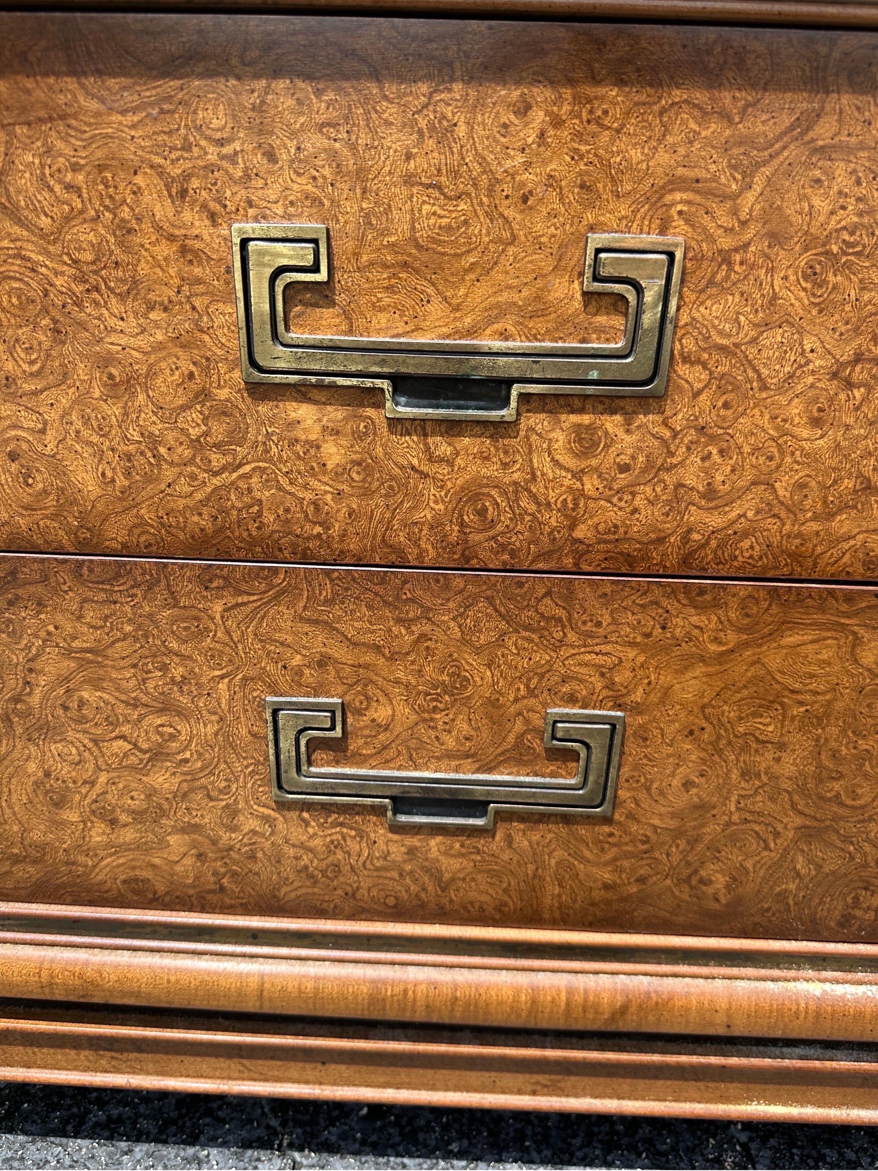 Add a touch of vintage charm to your living space with these Founders nightstands. Crafted from wood, these original Regency style nightstands boast a stunning Burl wood with brass inlayed hardware with a Grandmillenial sub-style. Good vintage