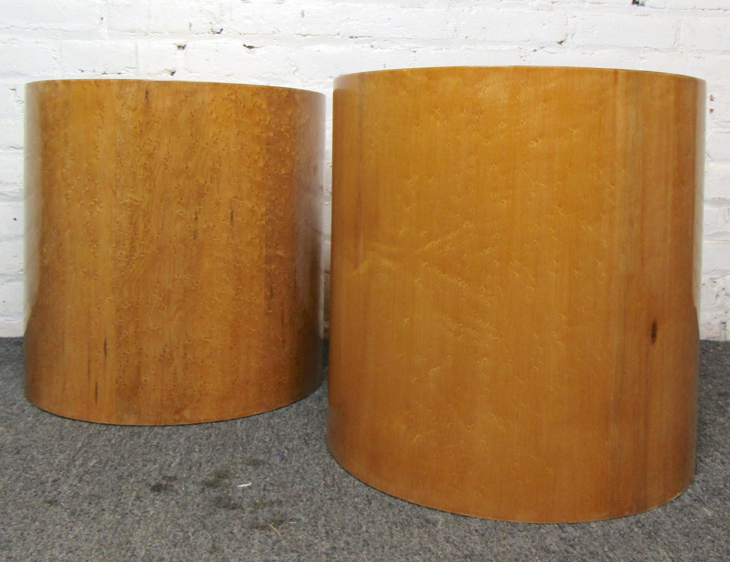 Low burl wood wrapped pedestals. Great as sofa side tables, or pedestals.
Location: Brooklyn NY.