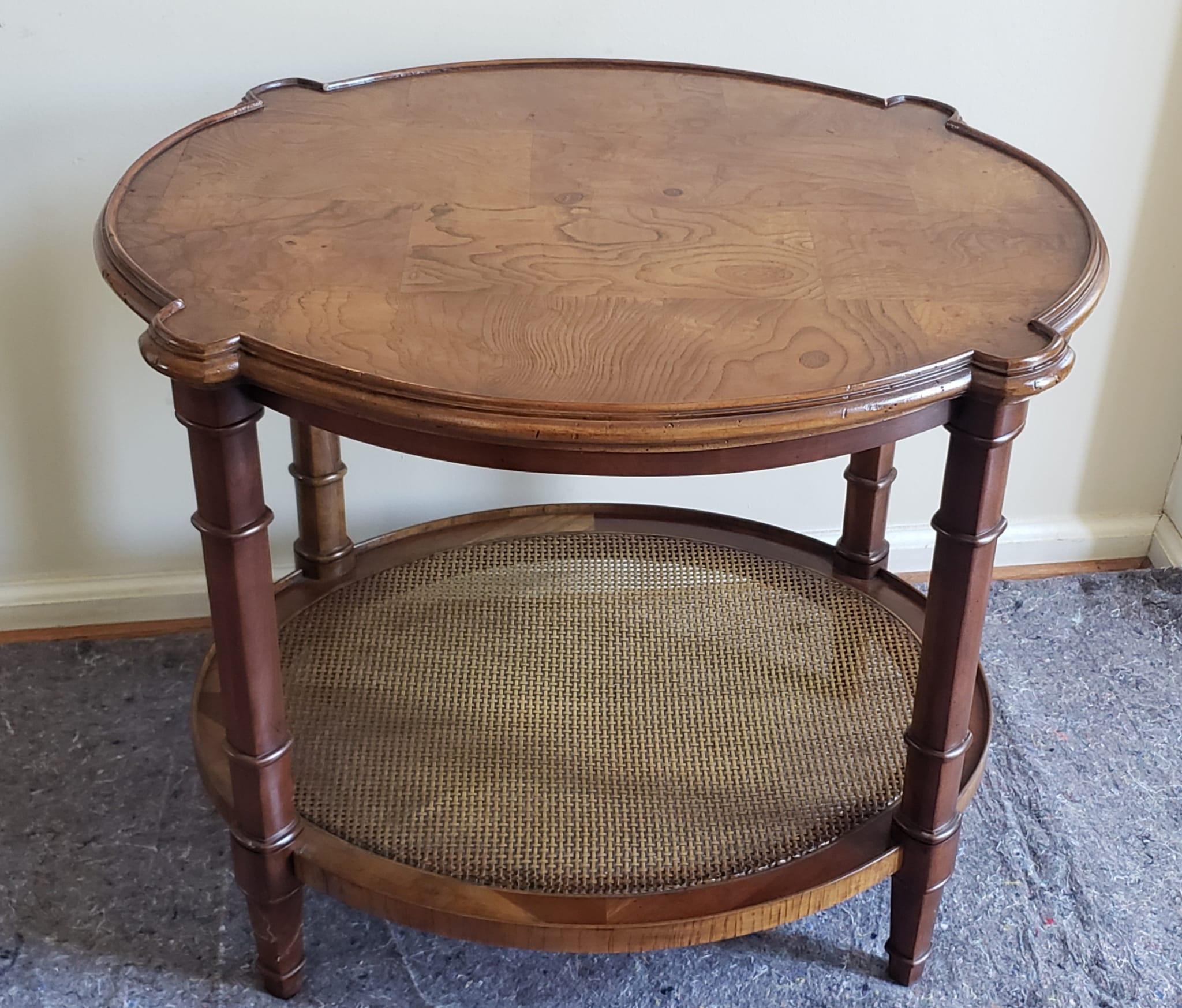 Mid-Century Burl Walnut and Cane Two-Tier Side Table with Pull-out Tray in good vintage condition. Top in burl walnut veener and lower tier tier cane top. Measures 21.75