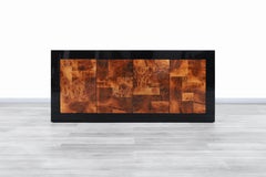 Mid-Century Burl Wood and Black Lacquered Credenza by Directional