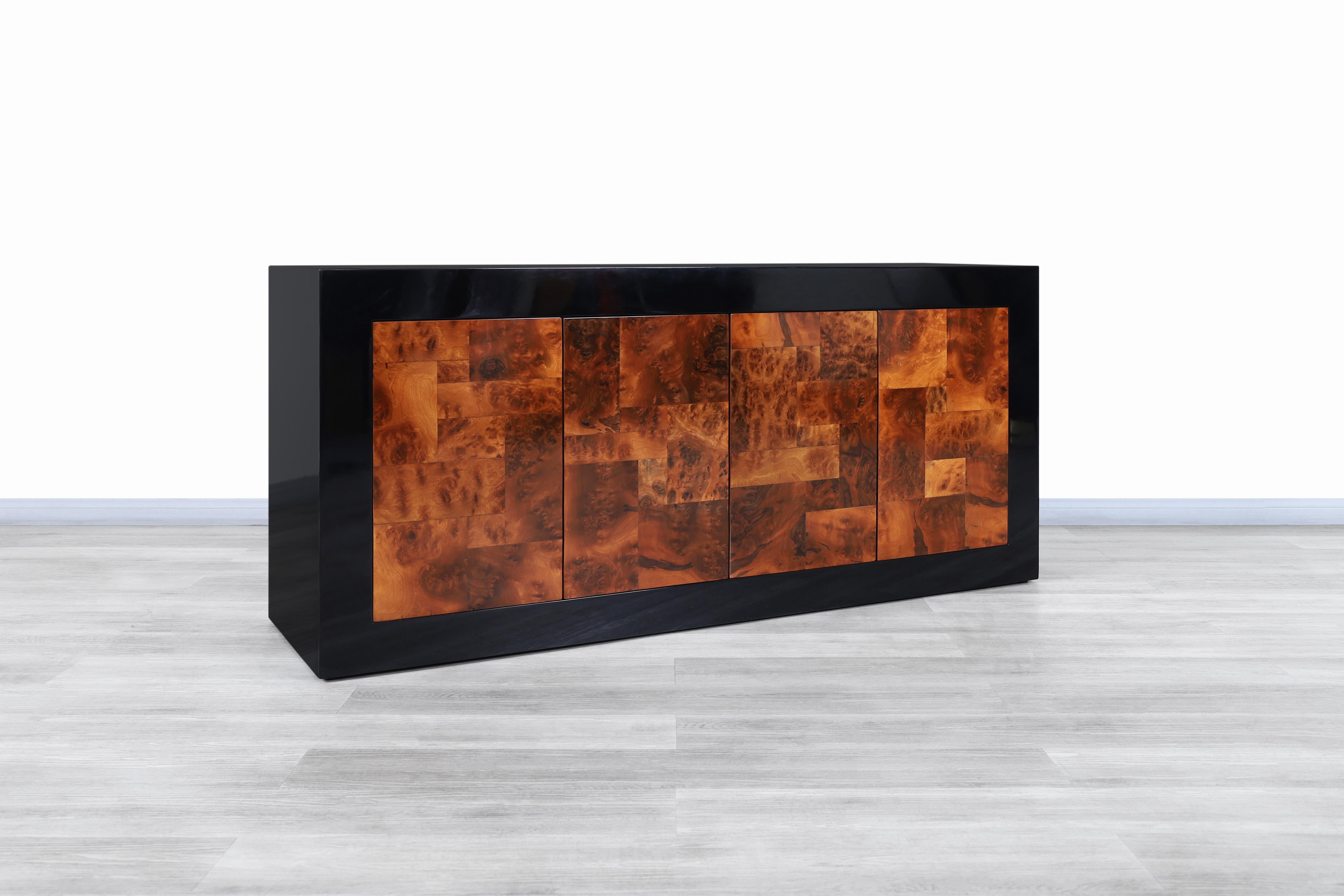 American Midcentury Burl Wood and Black Lacquered Credenza by Directional For Sale