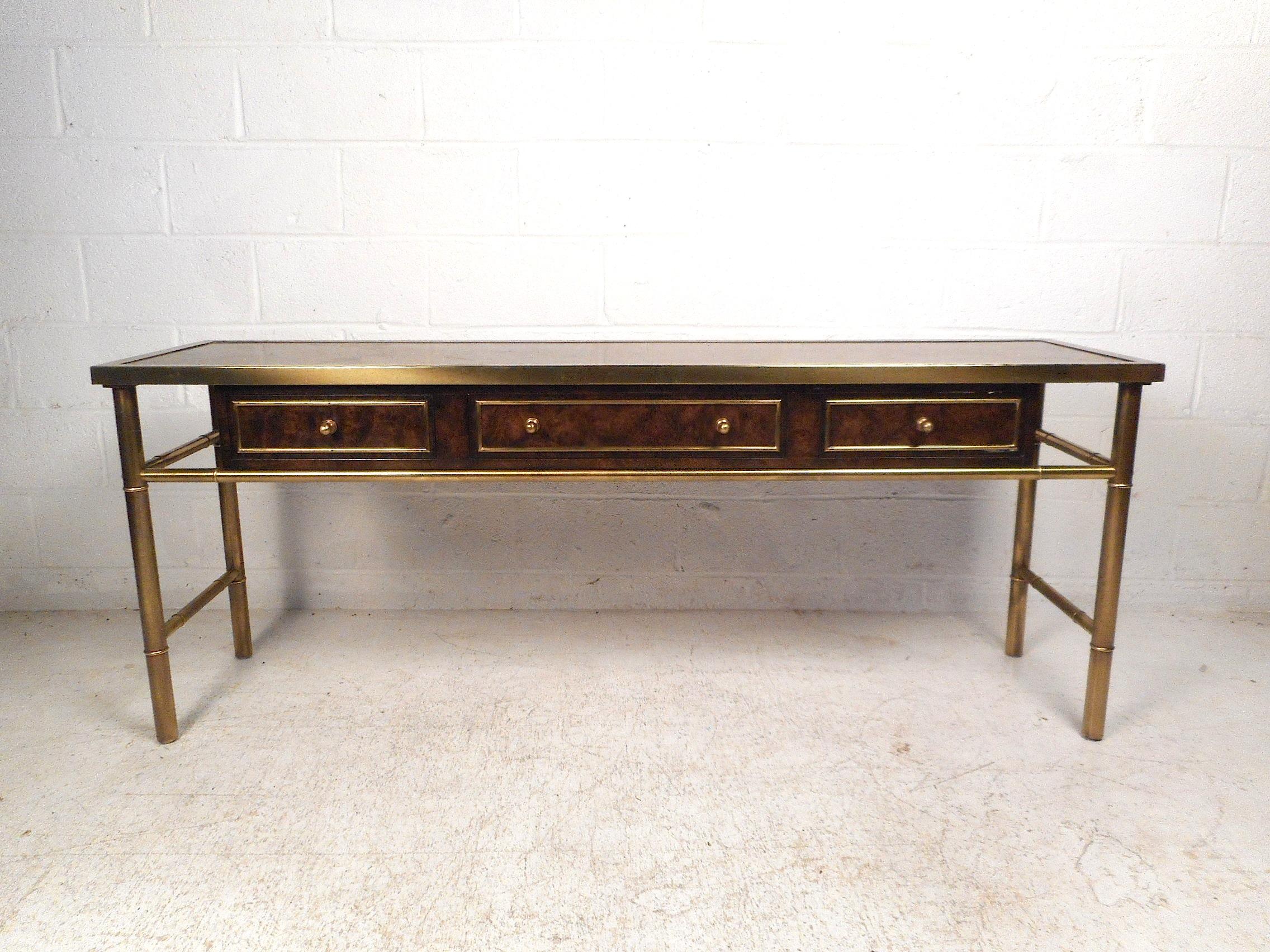 Mid-Century Modern Midcentury Burl Wood and Brass Console Table by Mastercraft