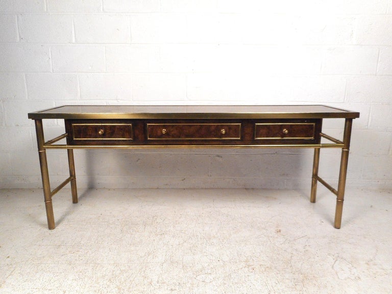 Midcentury Burl Wood and Brass Console Table by Mastercraft at 1stDibs