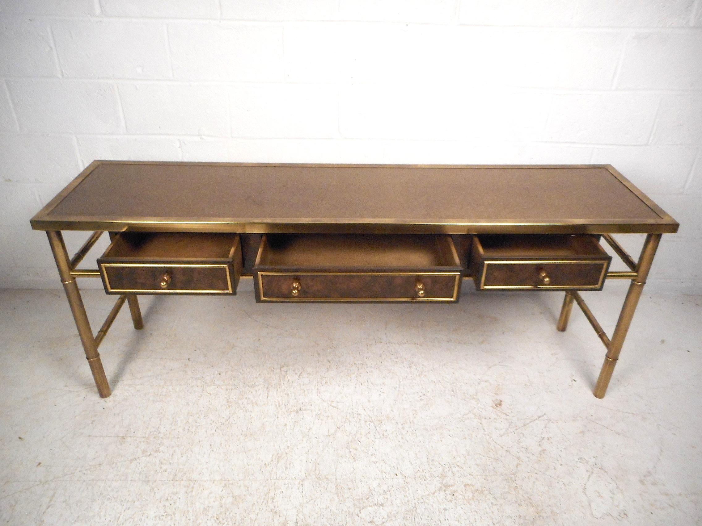 American Midcentury Burl Wood and Brass Console Table by Mastercraft