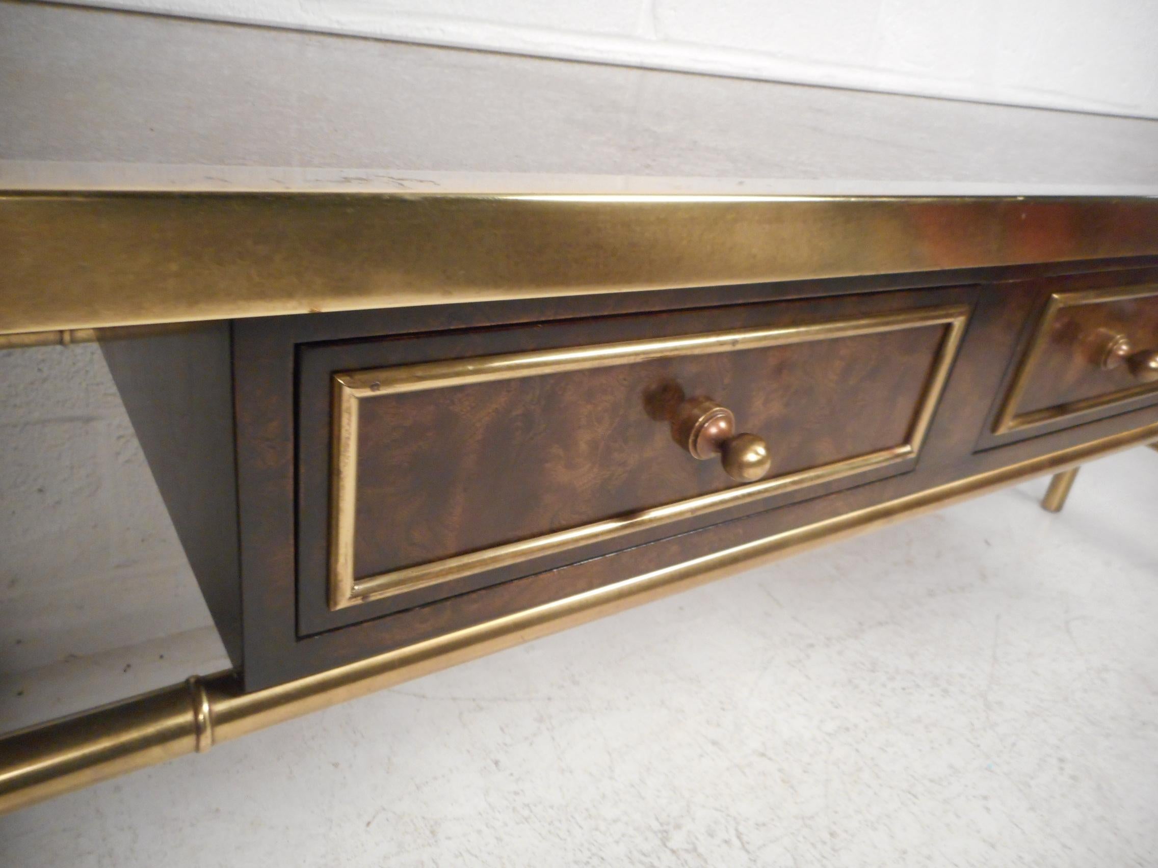 Midcentury Burl Wood and Brass Console Table by Mastercraft In Good Condition In Brooklyn, NY