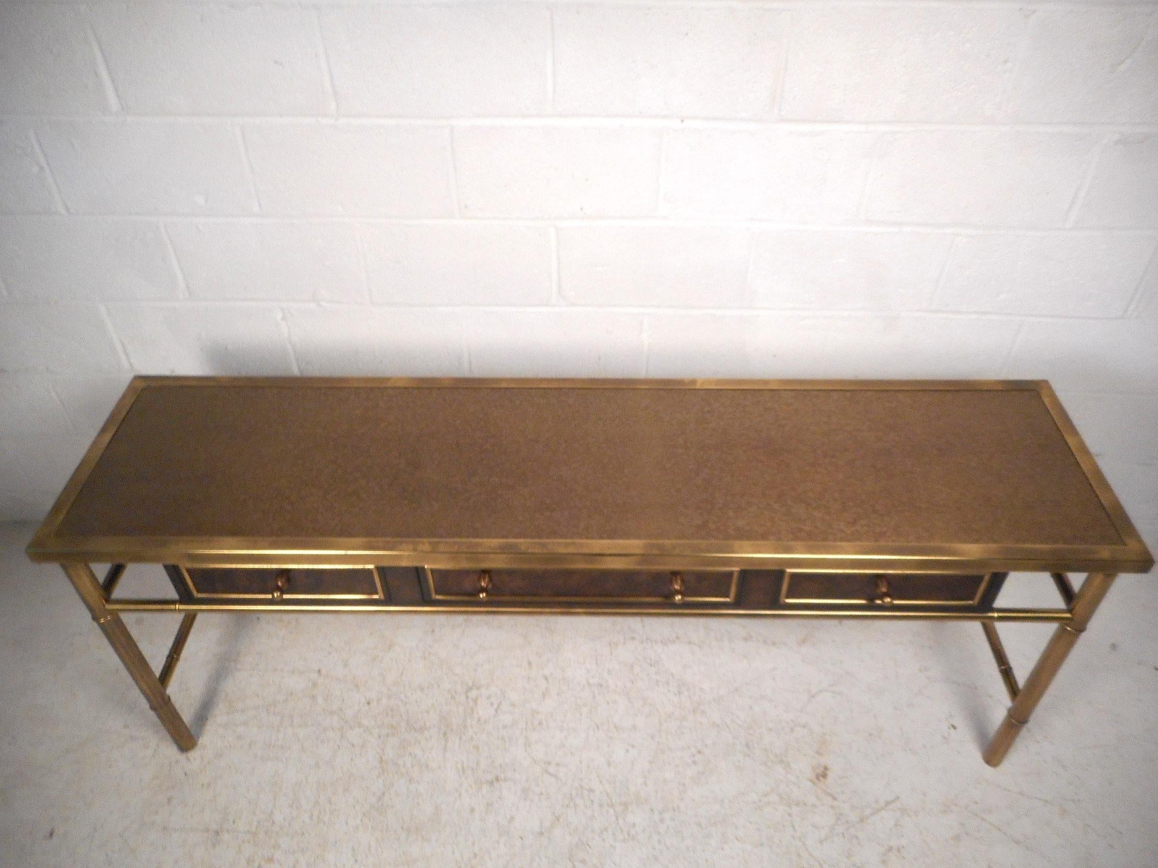 Late 20th Century Midcentury Burl Wood and Brass Console Table by Mastercraft